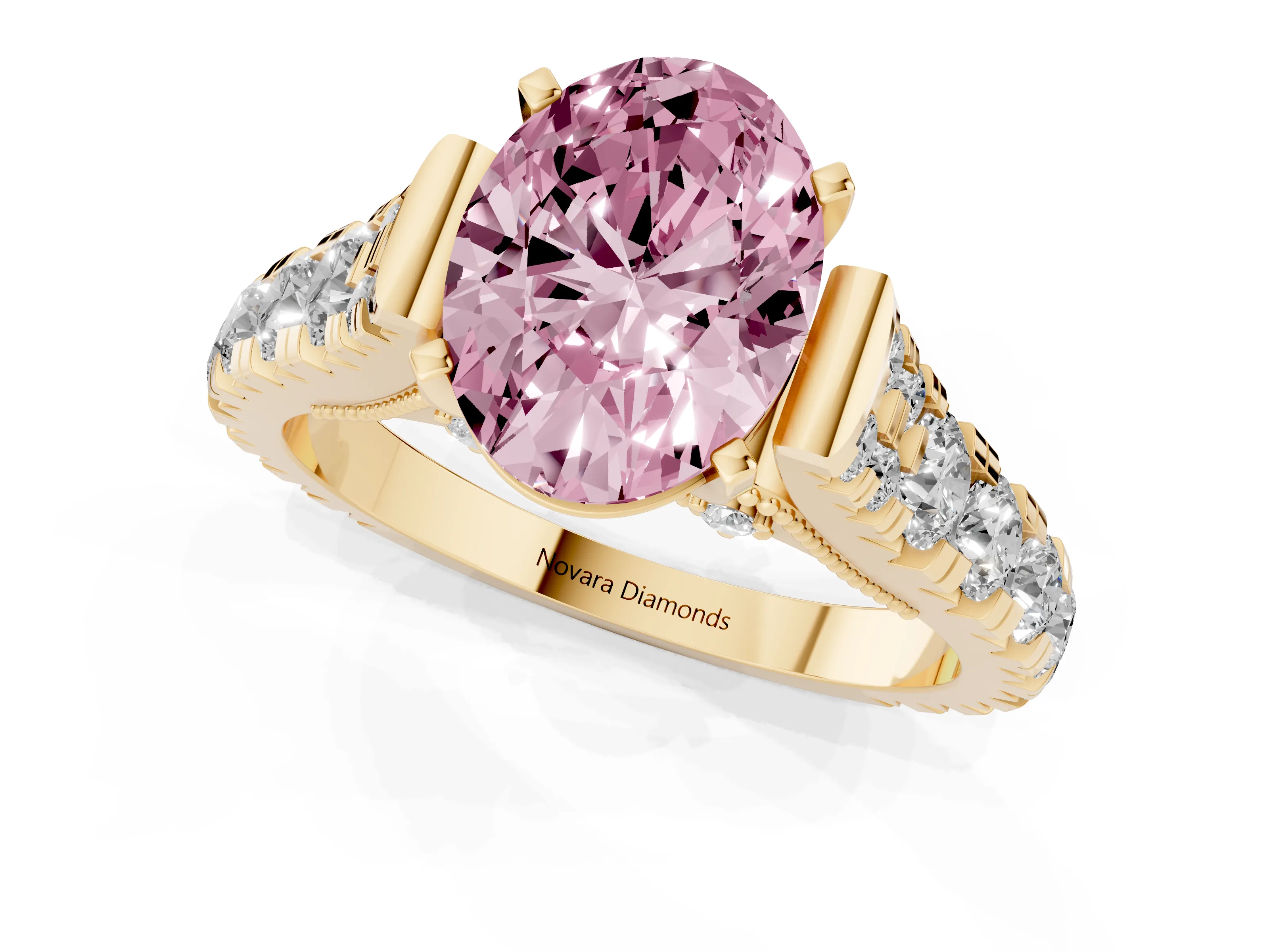 Fancy Pink Oval Cut Diamond Classic Solitaire Ring Set in Yellow gold with Pavé Band and Prong Setting