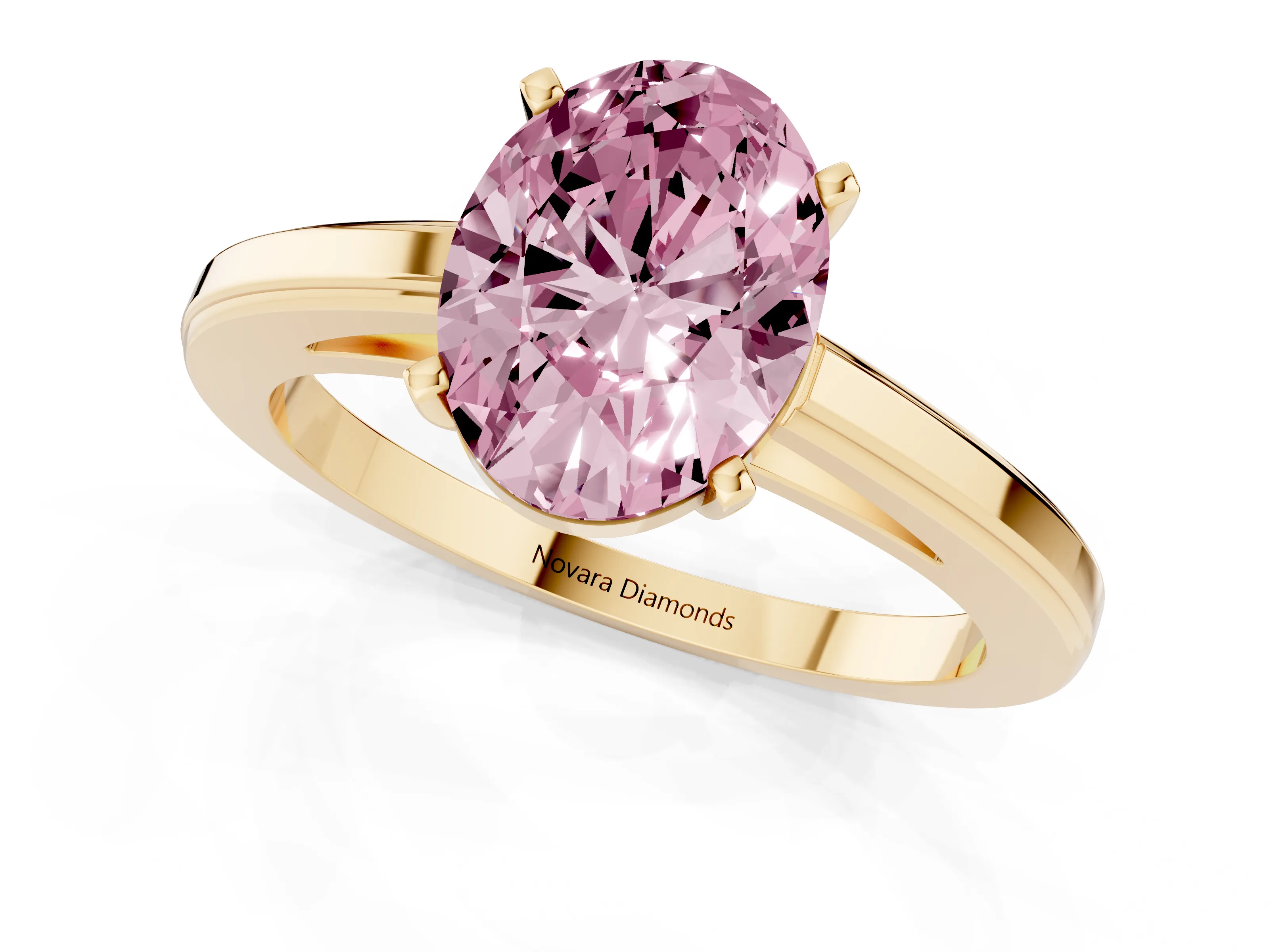 Fancy Pink Oval Cut Diamond Solitaire Ring Set in Yellow gold with Prong Setting and Classic Band