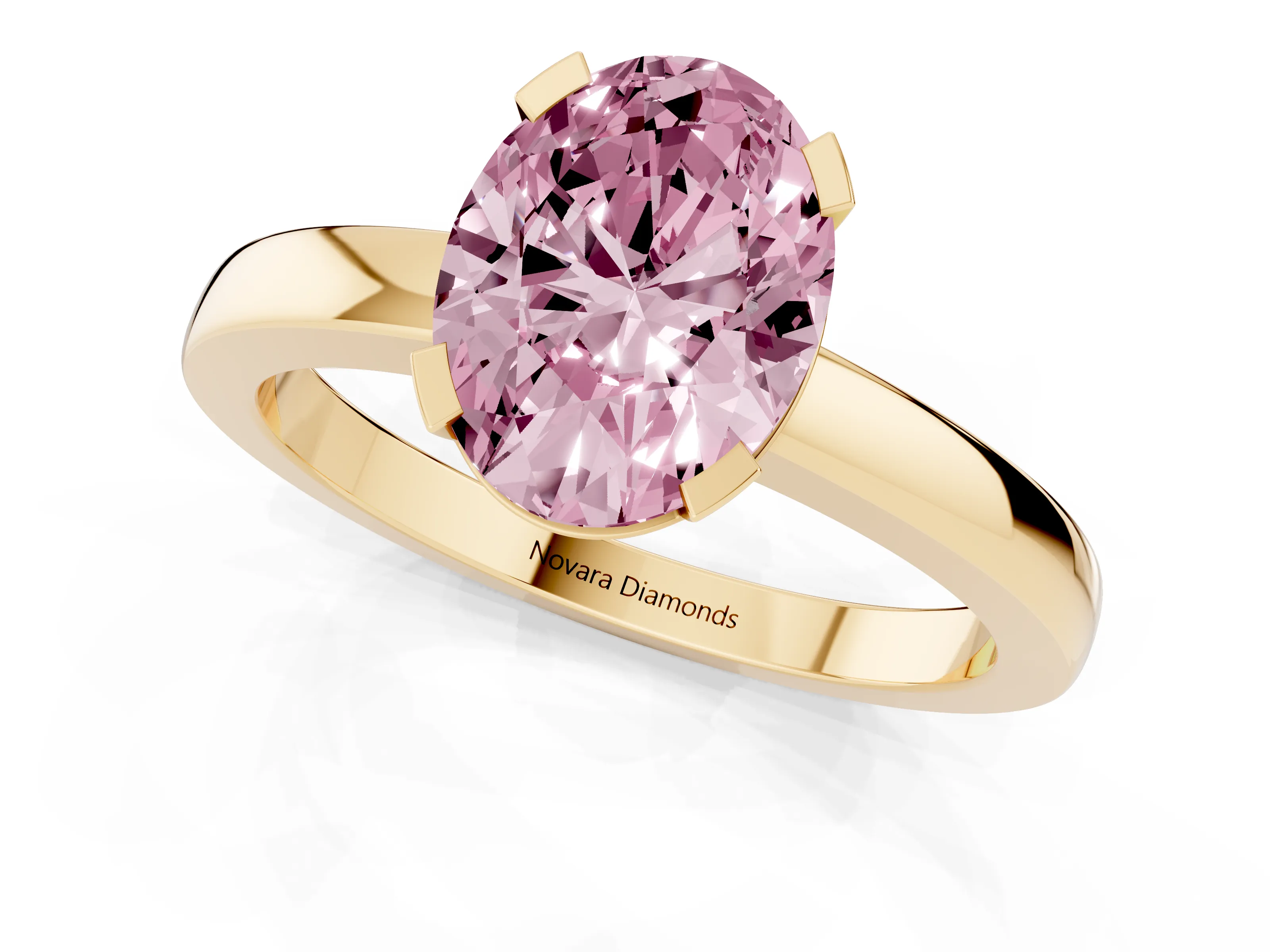 Fancy Pink Oval Cut Diamond Solitaire Ring Set in Yellow gold with Prong Head and Smooth Polished Band