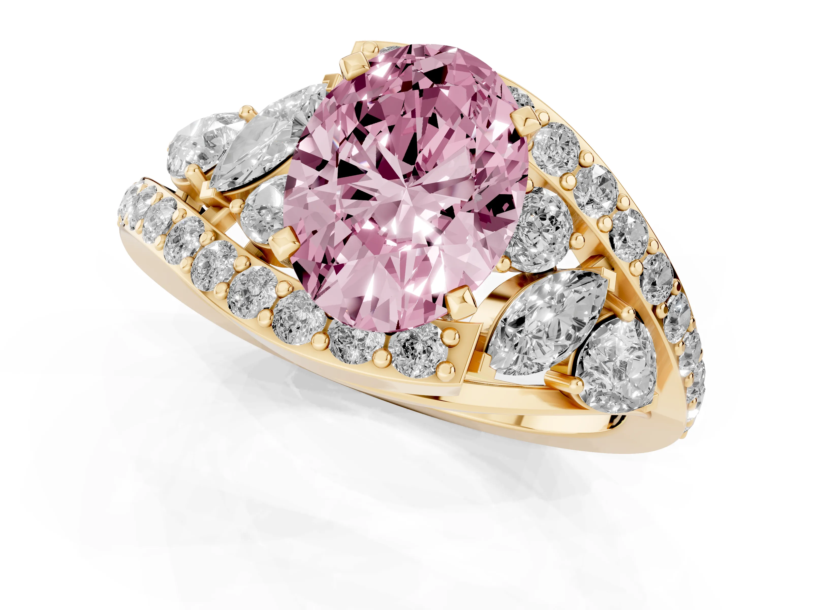 Fancy Pink Oval Cut Diamond Halo Ring Set in Yellow gold with Marquise and Pavé Band in Prong Setting