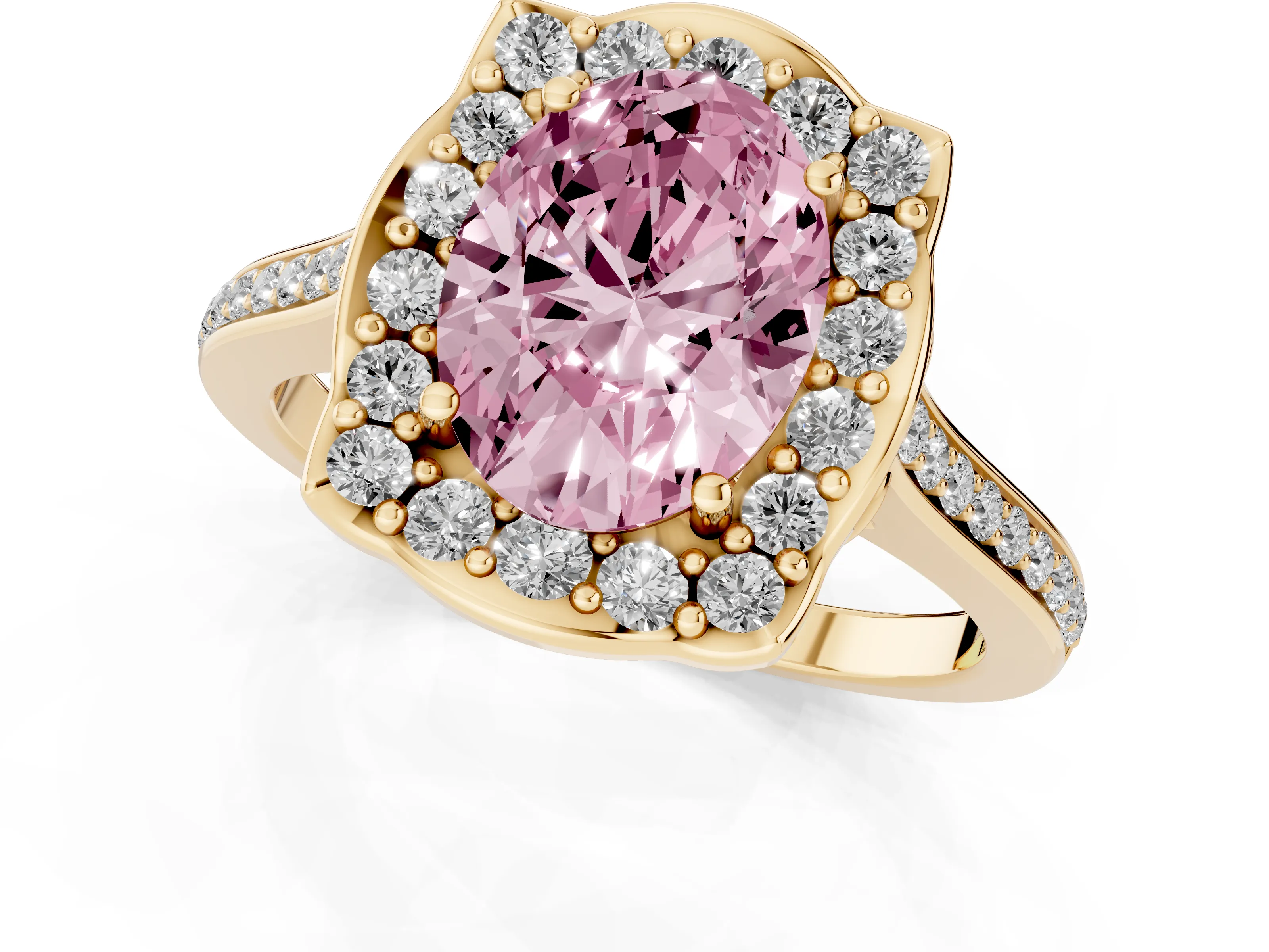 Fancy Pink Oval Cut Diamond Halo Ring Set in Yellow gold with Pavé-Lined Shoulders and Prong Setting