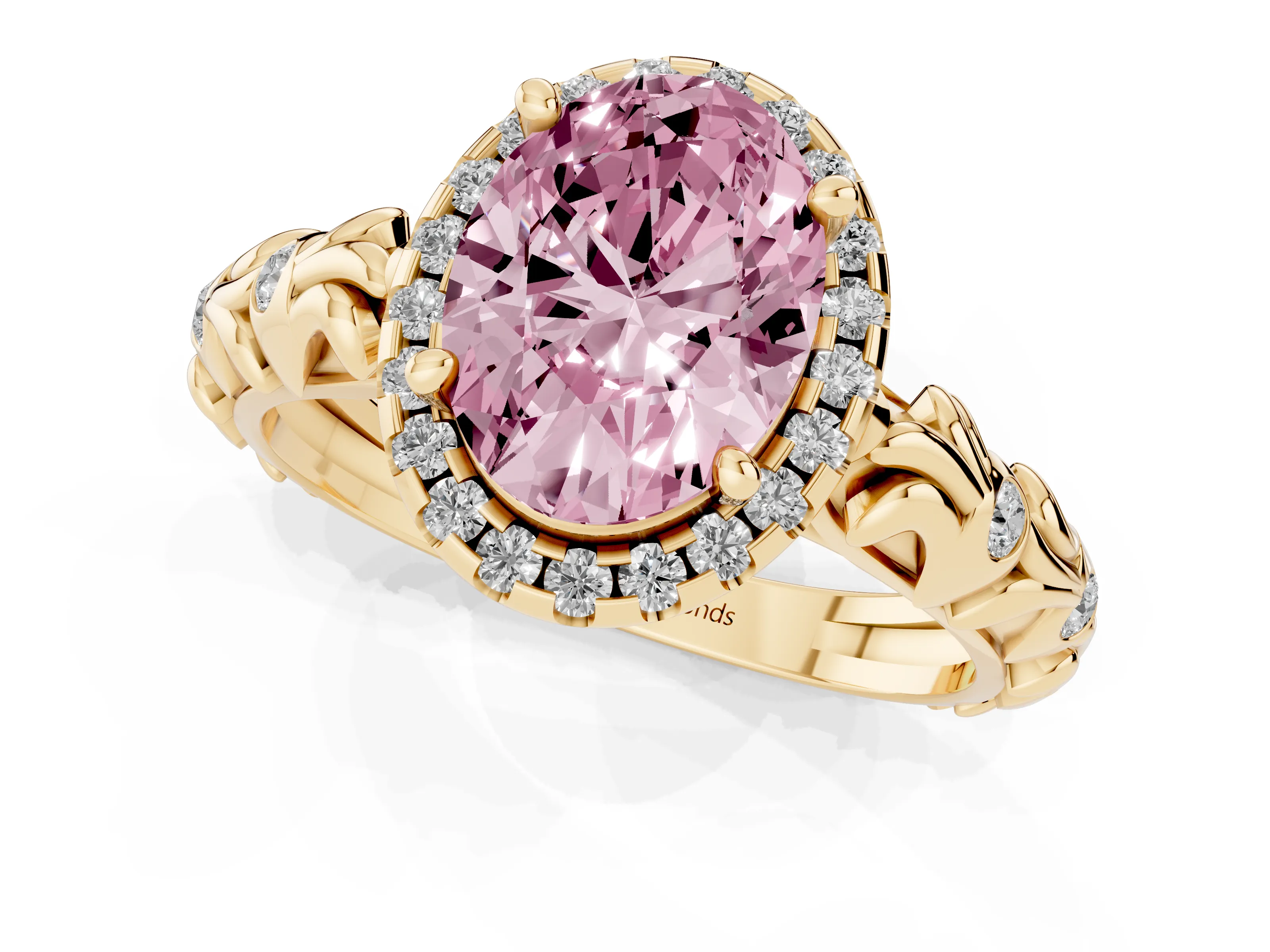 Fancy Pink Oval Cut Diamond Halo Ring Set in Yellow gold with Filigree Leaf Band and Prong Setting