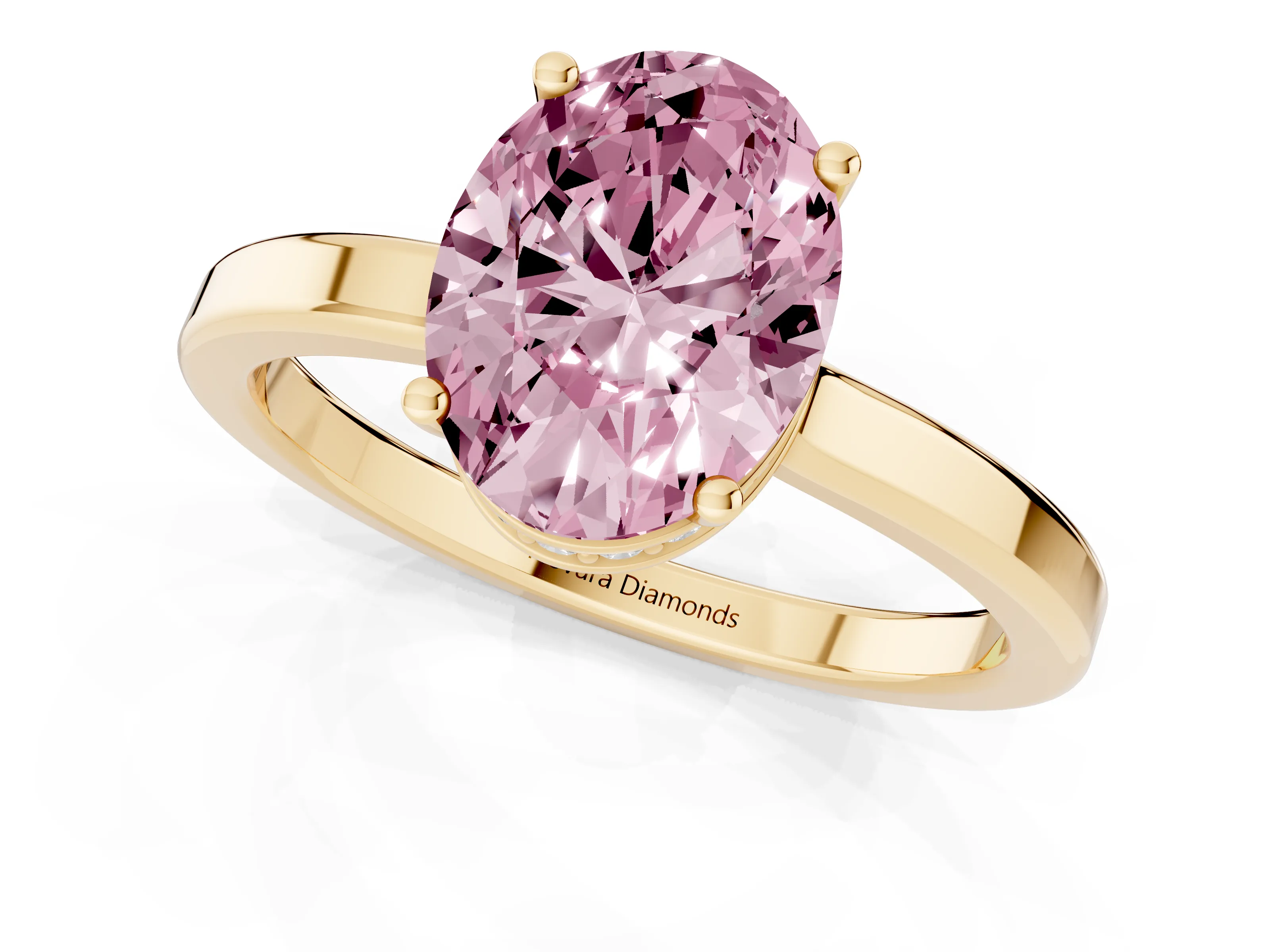 Fancy Pink Oval Cut Diamond Solitaire Engagement Ring Set in Yellow gold with Prong Setting on a Plain Band