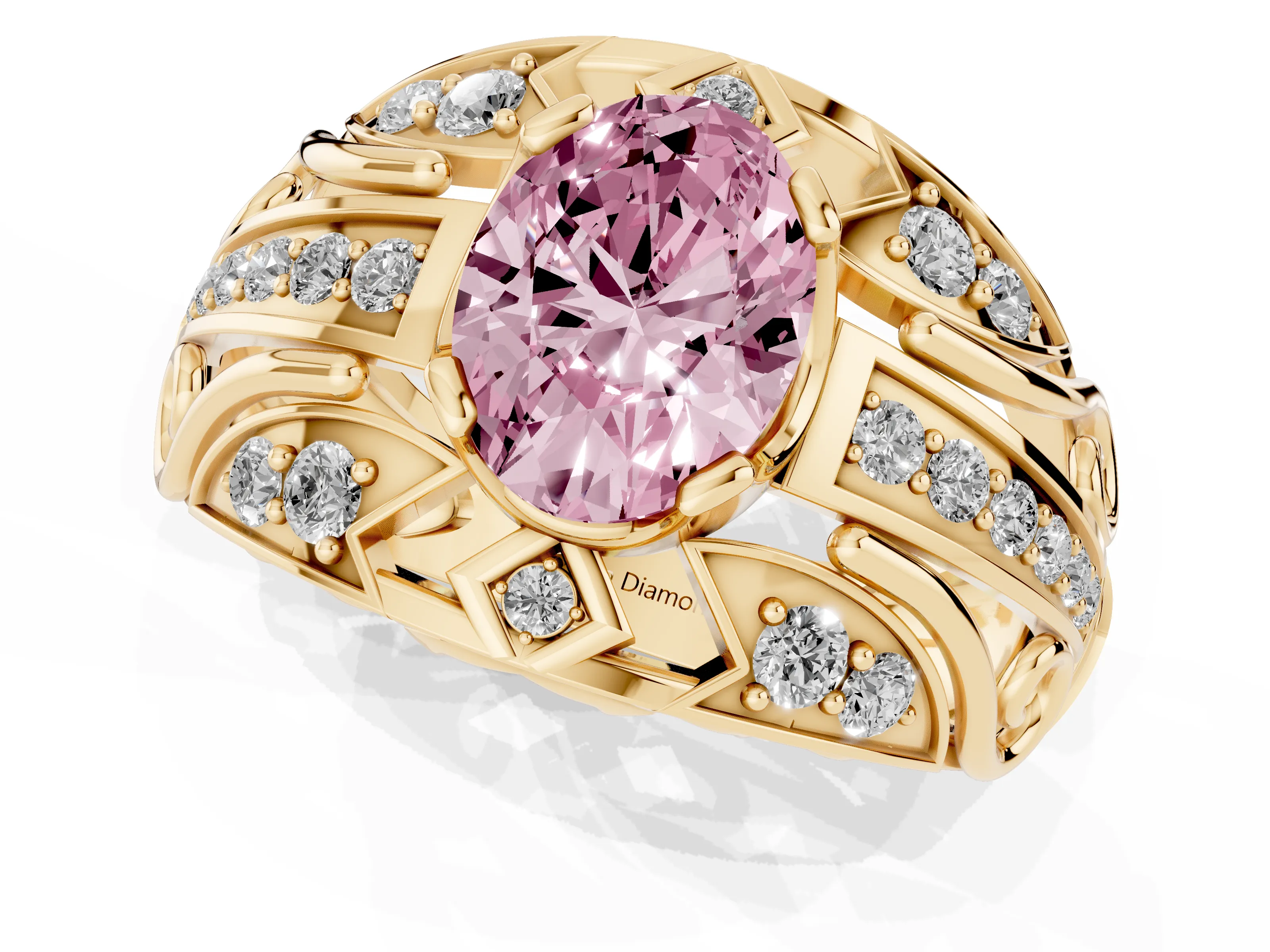 Fancy Pink Oval Cut Diamond Art Deco Ring Set in Yellow gold with Pavé Split Shank