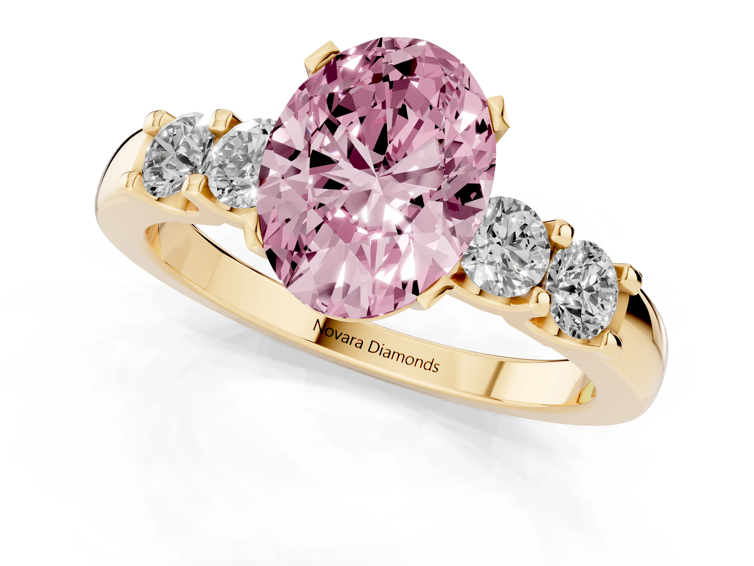 Fancy Pink Oval Cut Diamond Five-Stone Prong Set Engagement Ring Set in Yellow gold with Channel Band