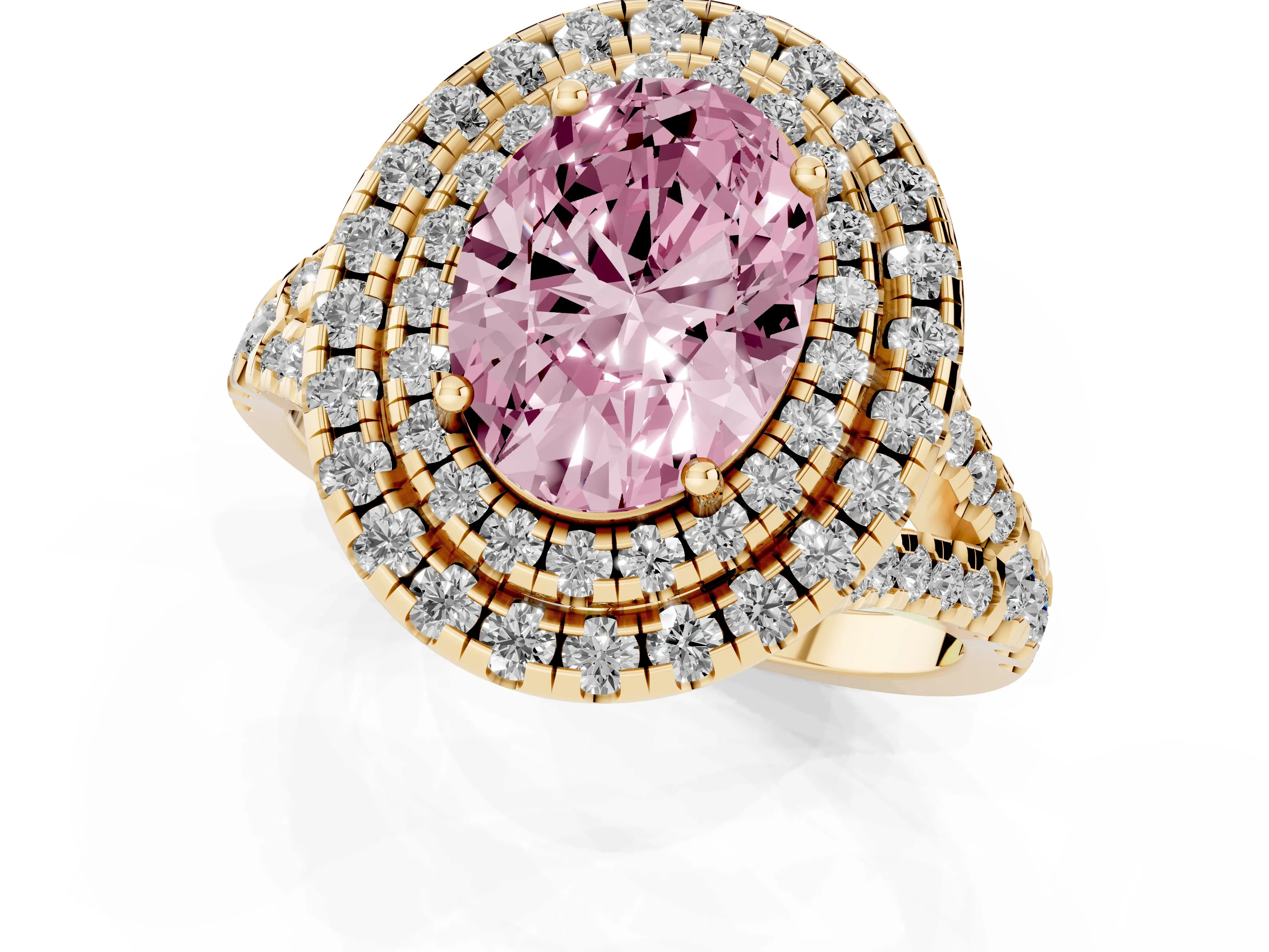 Fancy Pink Oval Cut Diamond Double Halo Ring Set in Yellow gold with Pavé Split Shank and Prong Setting