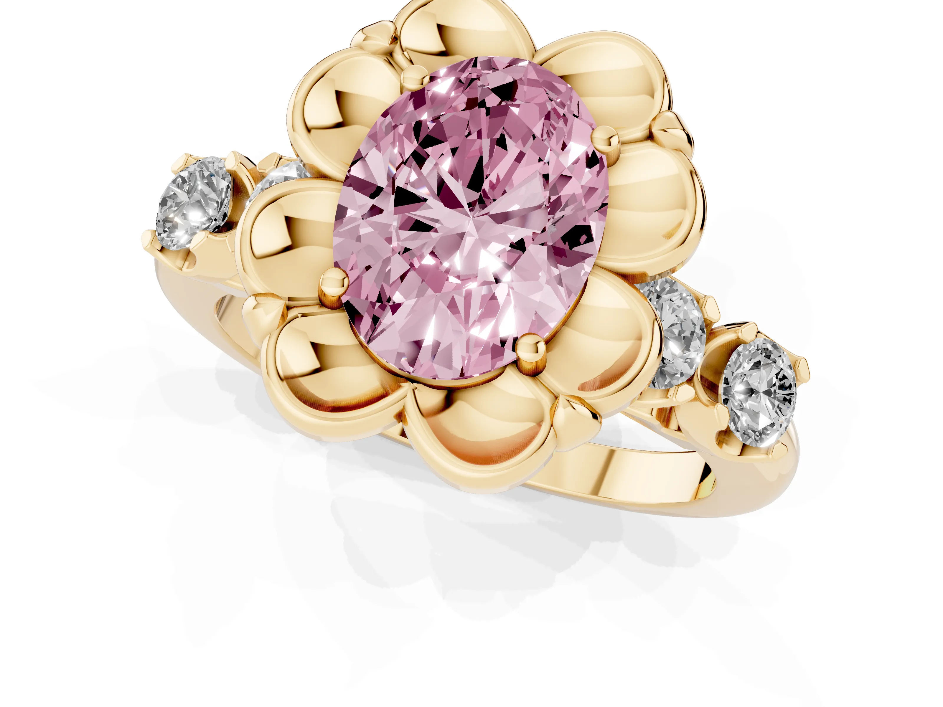 Fancy Pink Oval Cut Diamond Floral Halo Ring Set in Yellow gold with Shared Prong Band