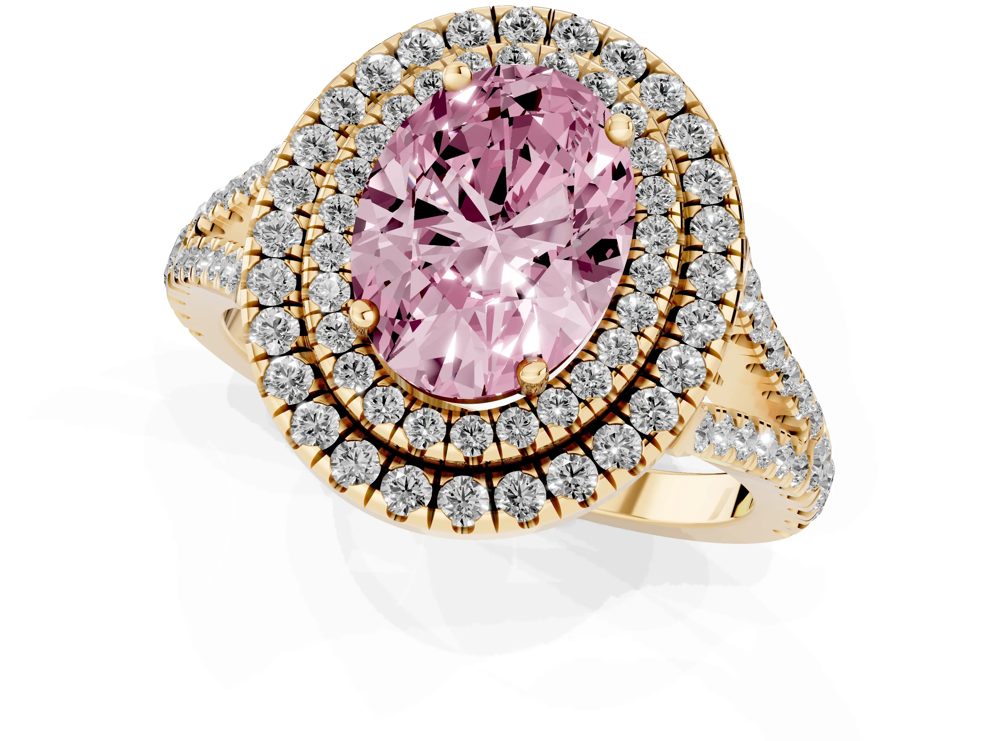 Fancy Pink Oval Cut Diamond Double Halo Ring Set in Yellow gold with Pavé Band