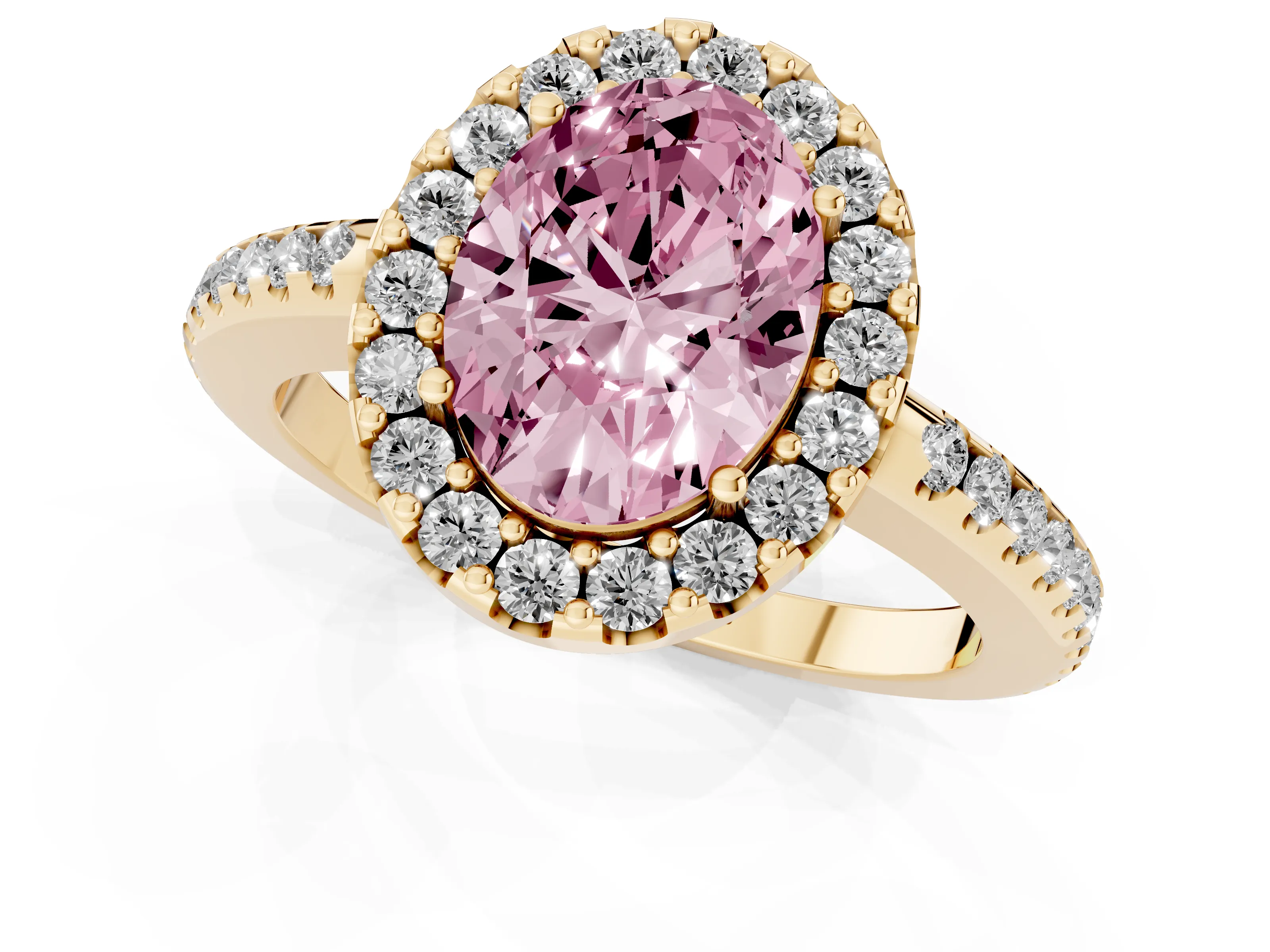 Fancy Pink Oval Cut Diamond Pavé Halo Ring Set in Yellow gold with Prong Setting