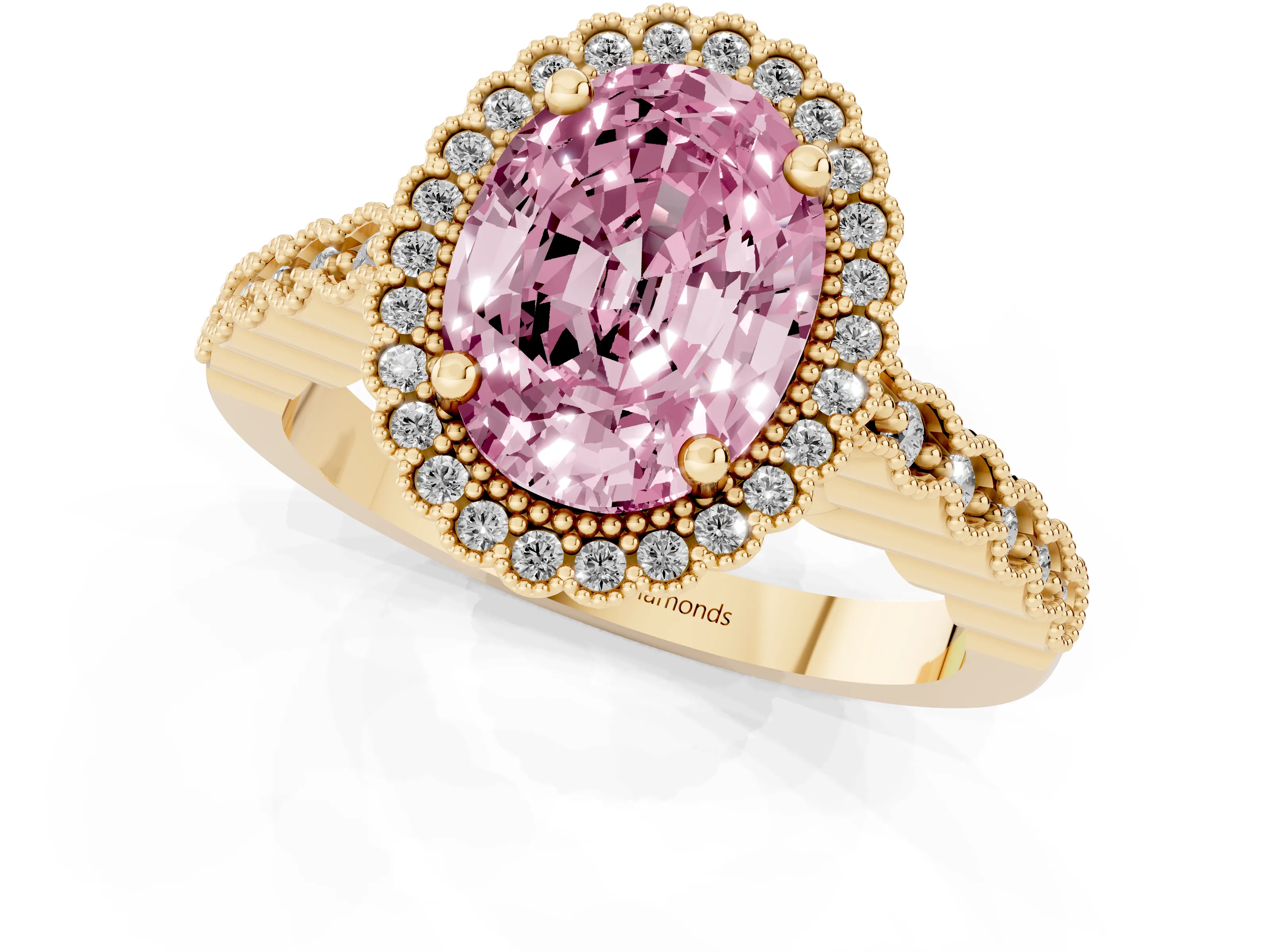 Fancy Pink Oval Cut Diamond Halo Ring Set in Yellow gold with Pavé Milgrain Band