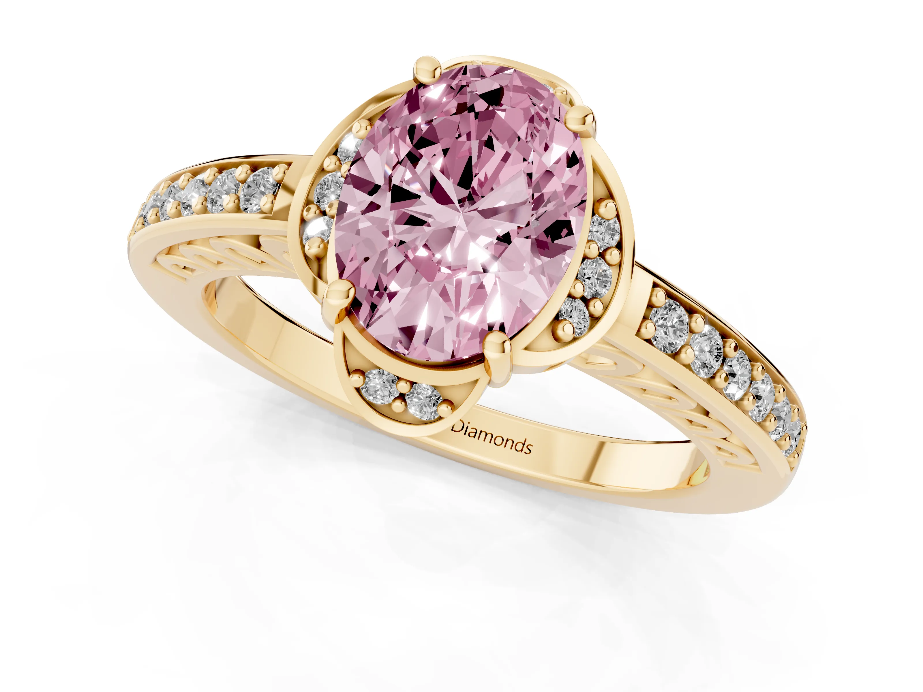 Fancy Pink Oval Cut Diamond Halo Ring Set in Yellow gold with Channel Set Band and Prong Setting