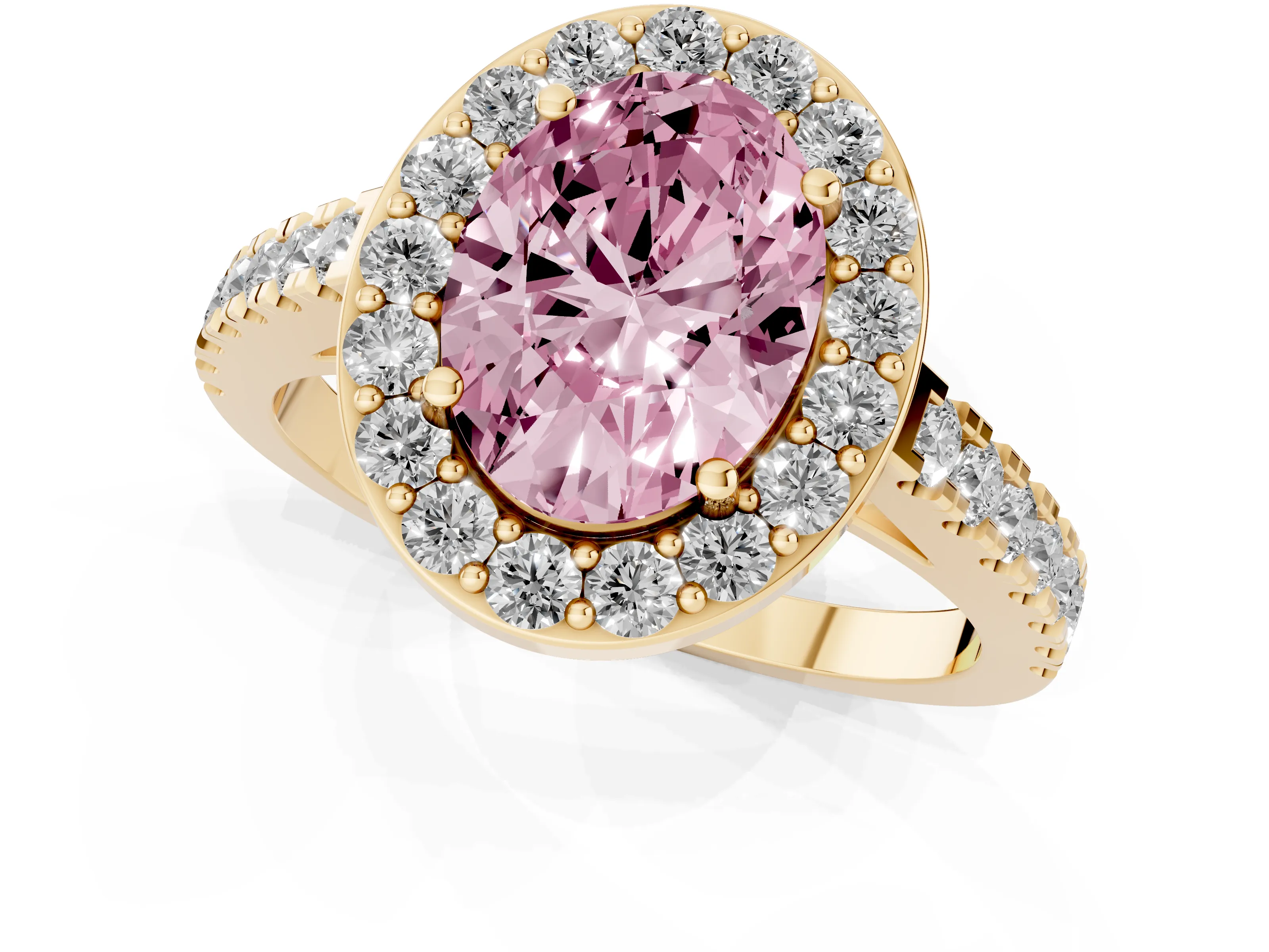 Fancy Pink Oval Cut Diamond Halo Ring Set in Yellow gold with Round Pavé Split Shank and Prong Setting