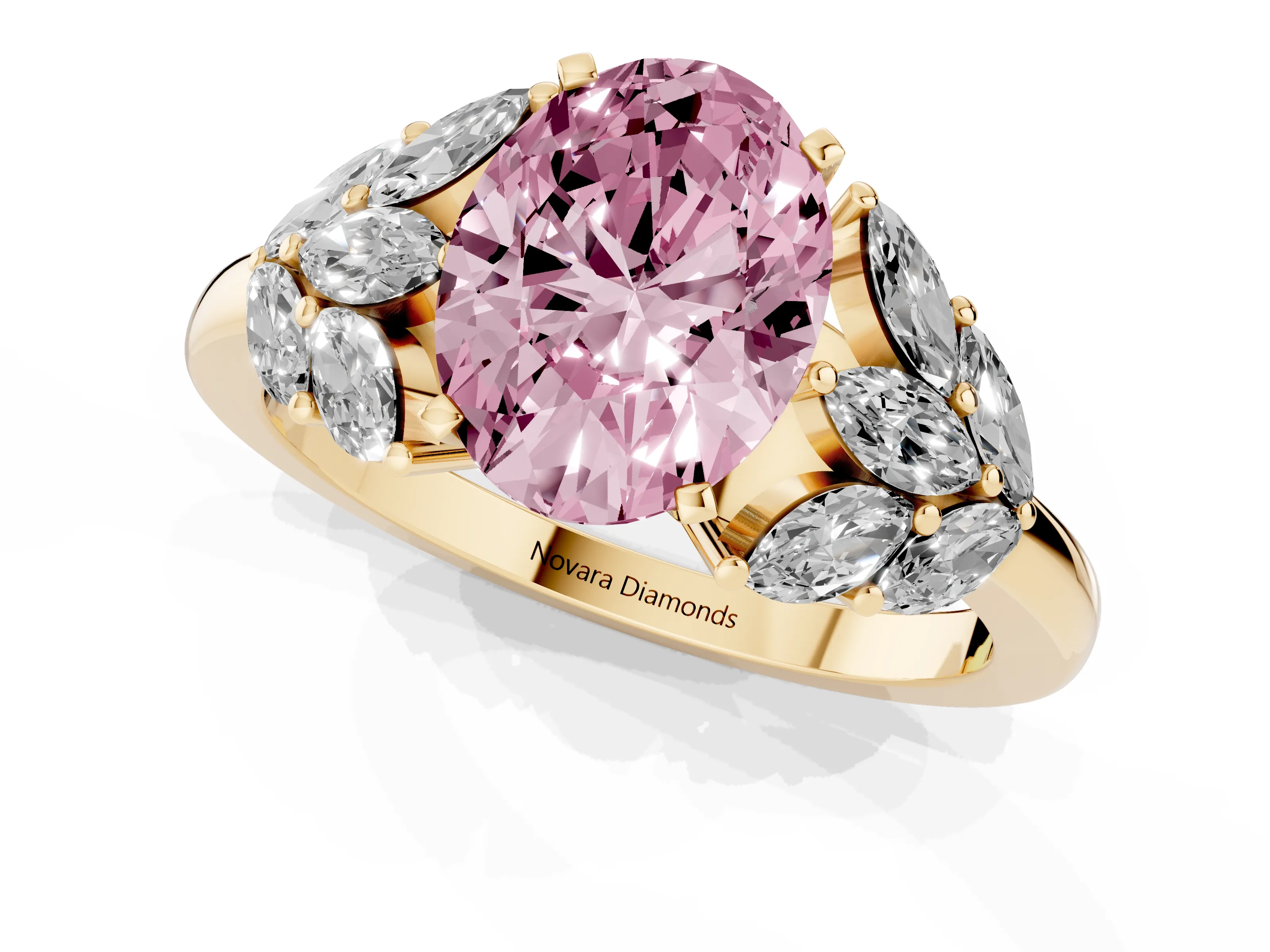 Fancy Pink Oval Cut Diamond Cluster Leaf Design Ring Set in Yellow gold with Prong Setting