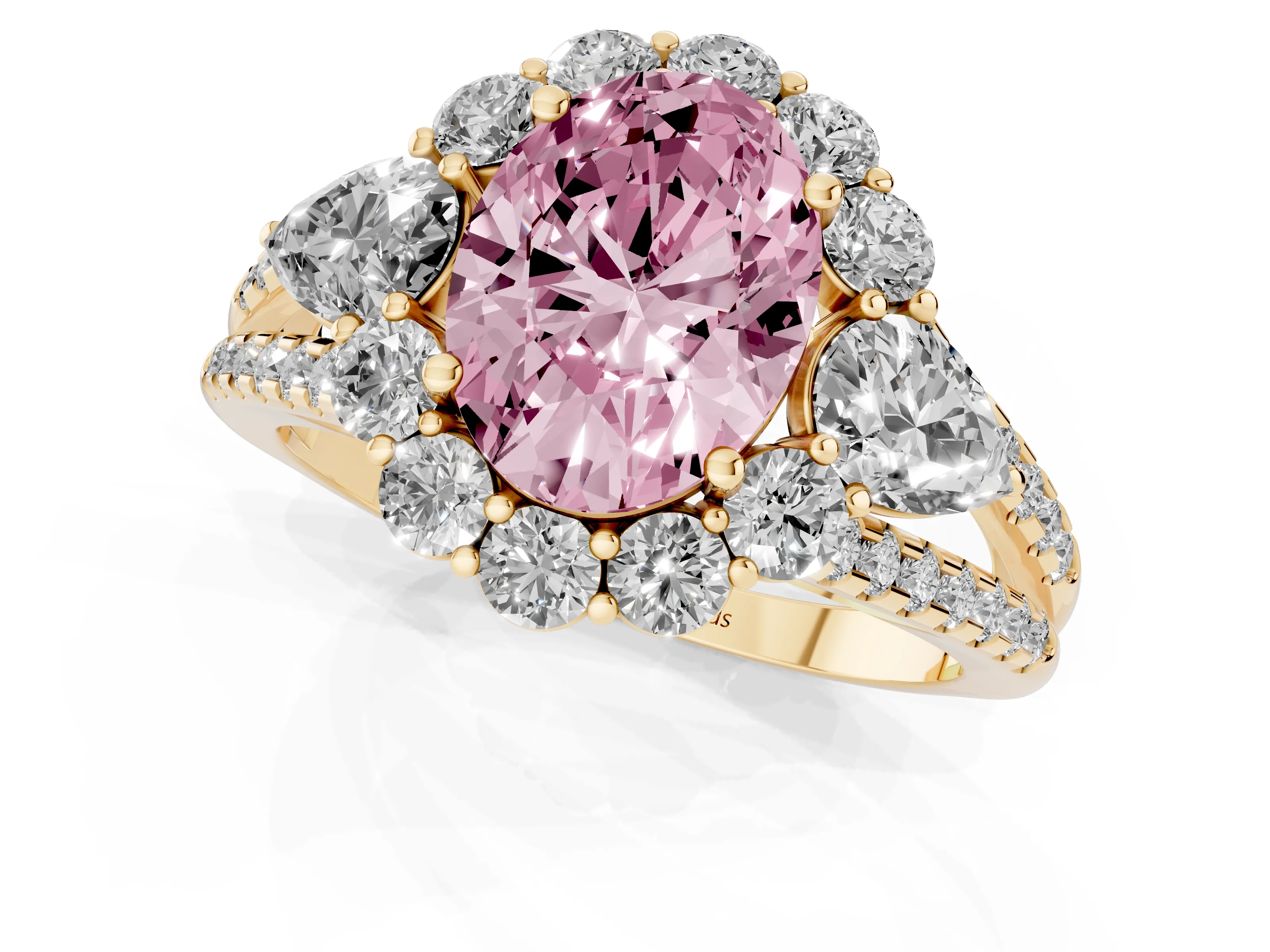 Fancy Pink Oval Cut Diamond Halo Split Shank Engagement Ring Set in Yellow gold with Prong-Held Center Stone
