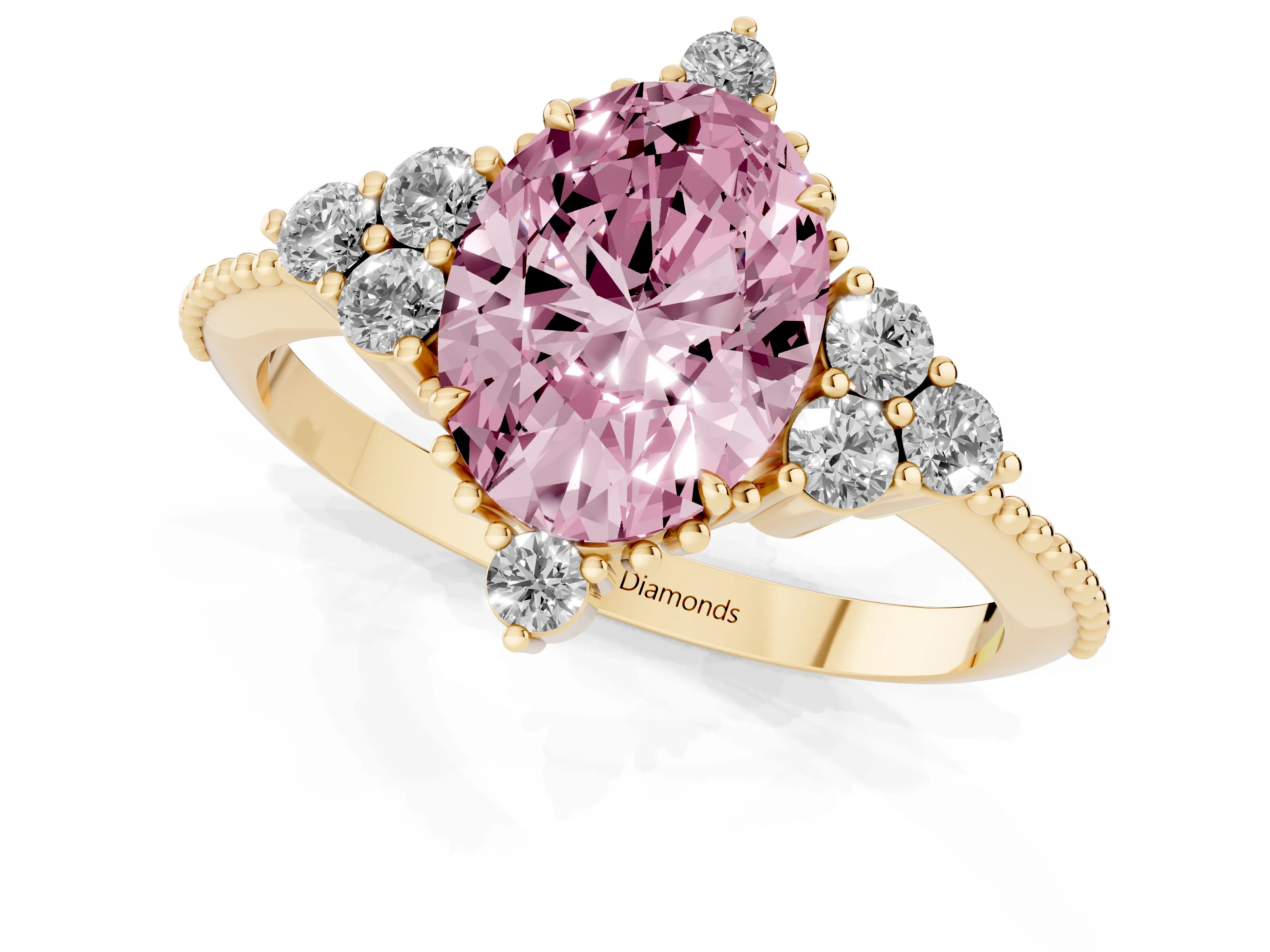 Fancy Pink Oval Cut Diamond Cluster Ring Set in Yellow gold with Beaded Band