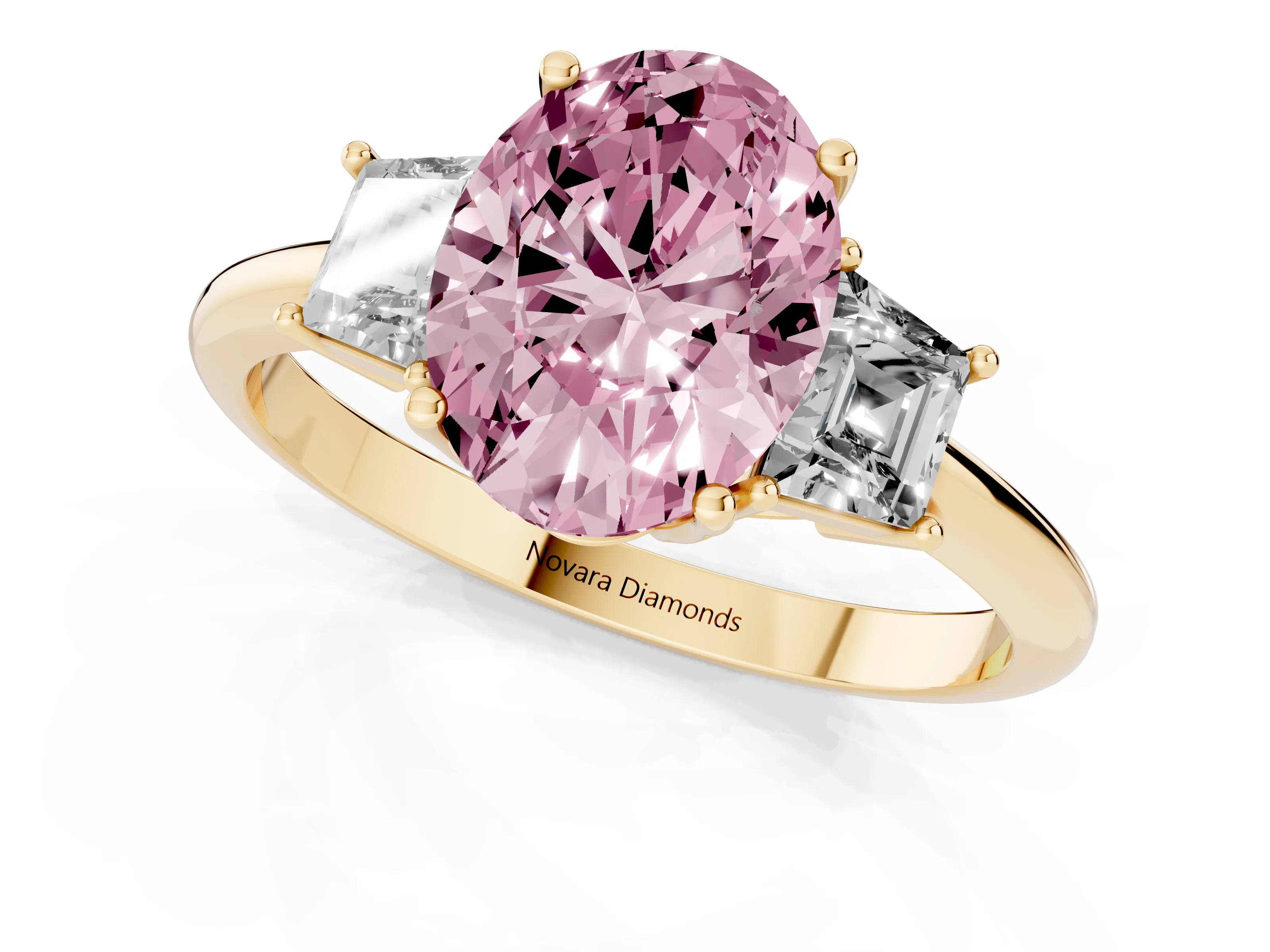 Fancy Pink Oval Cut Diamond Three-Stone Ring Set in Yellow gold with Trapezoid Side Stones and Prong Setting
