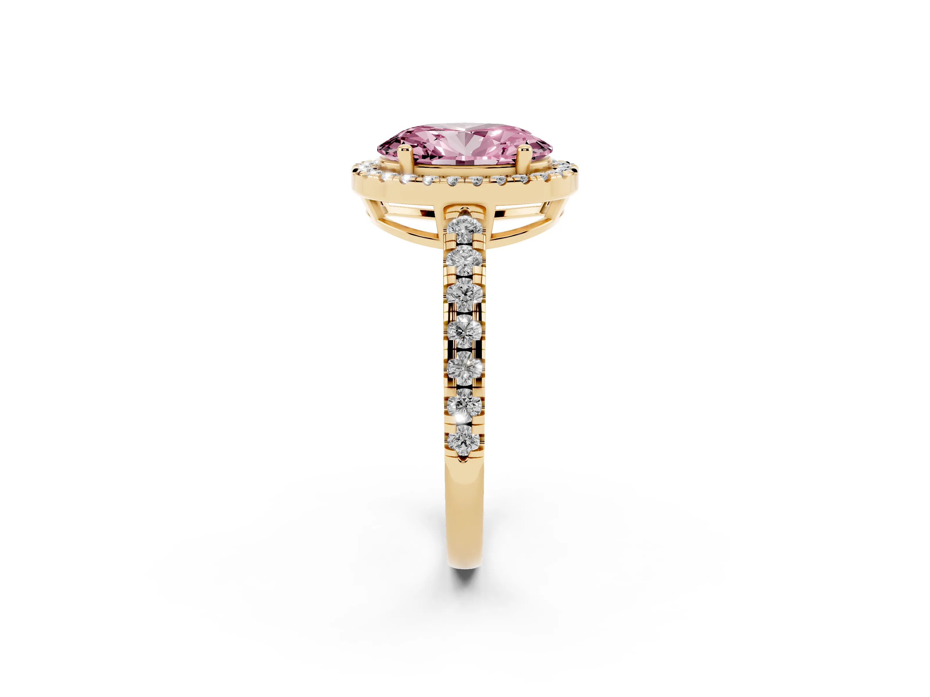 Fancy Pink Oval Cut Diamond Halo Ring Set in Yellow gold with Delicate Pavé Band and Prong Setting