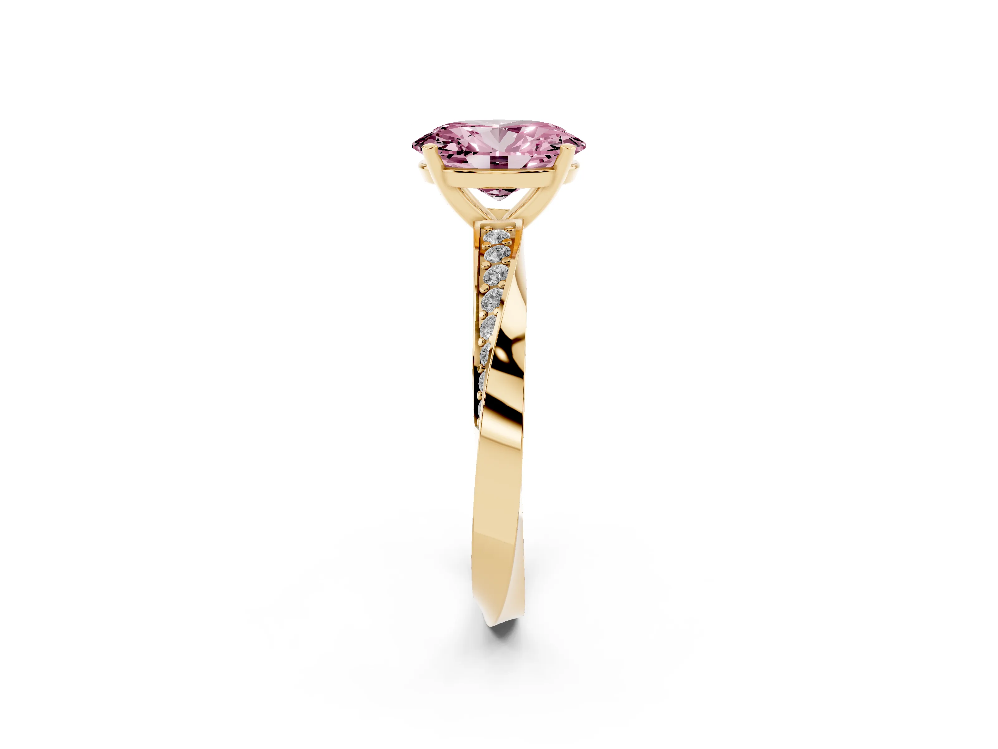 Fancy Pink Oval Cut Diamond Engagement Ring Set in Yellow gold with Side Stone Accents and Prong Setting