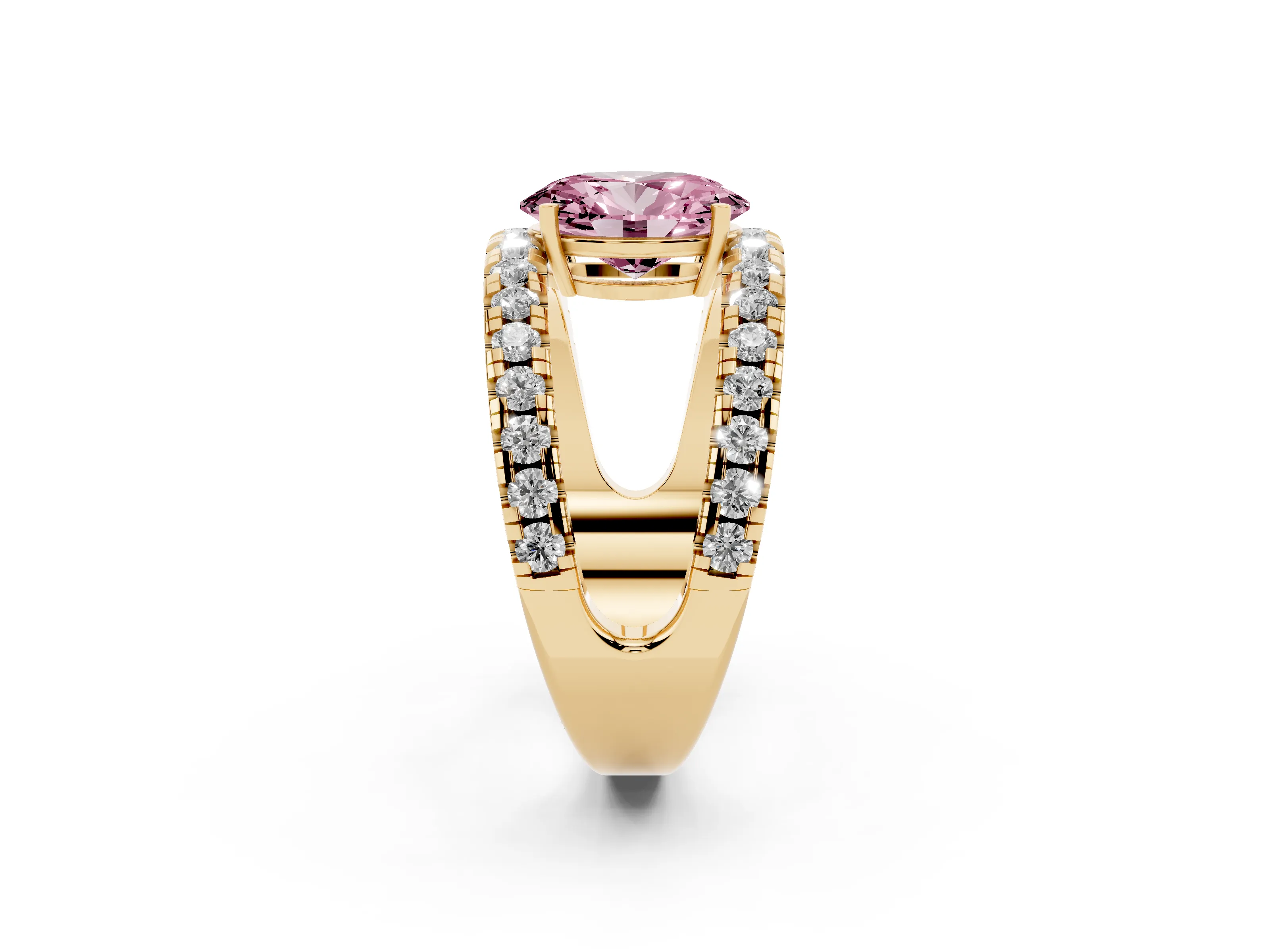 Fancy Pink Oval Cut Diamond Split Shank Pavé Solitaire Ring Set in Yellow gold with Open Shank Design