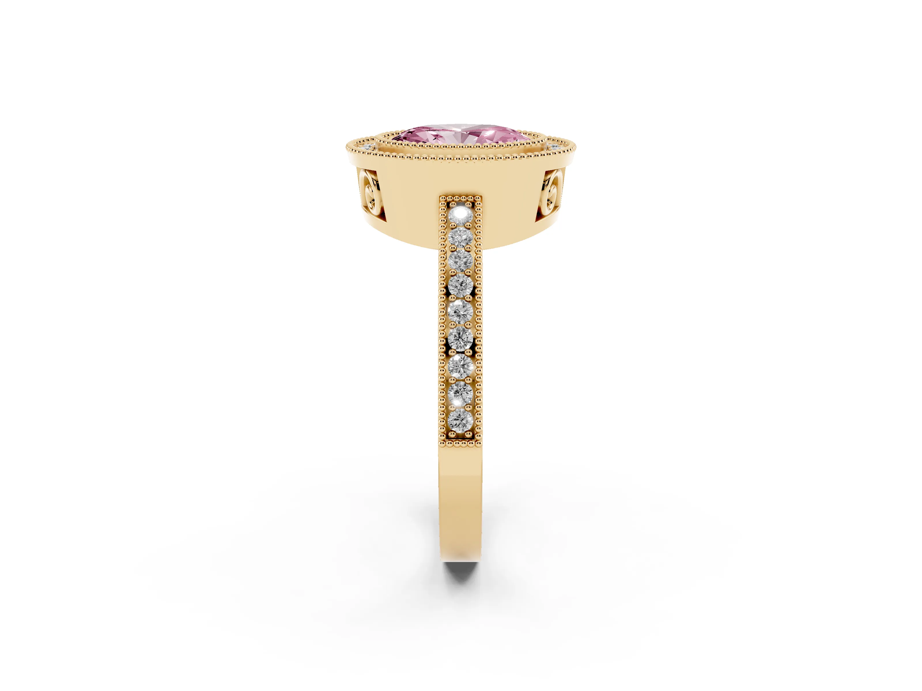 Fancy Pink Oval Cut Diamond Round Halo Ring Set in Yellow gold with Pavé Band