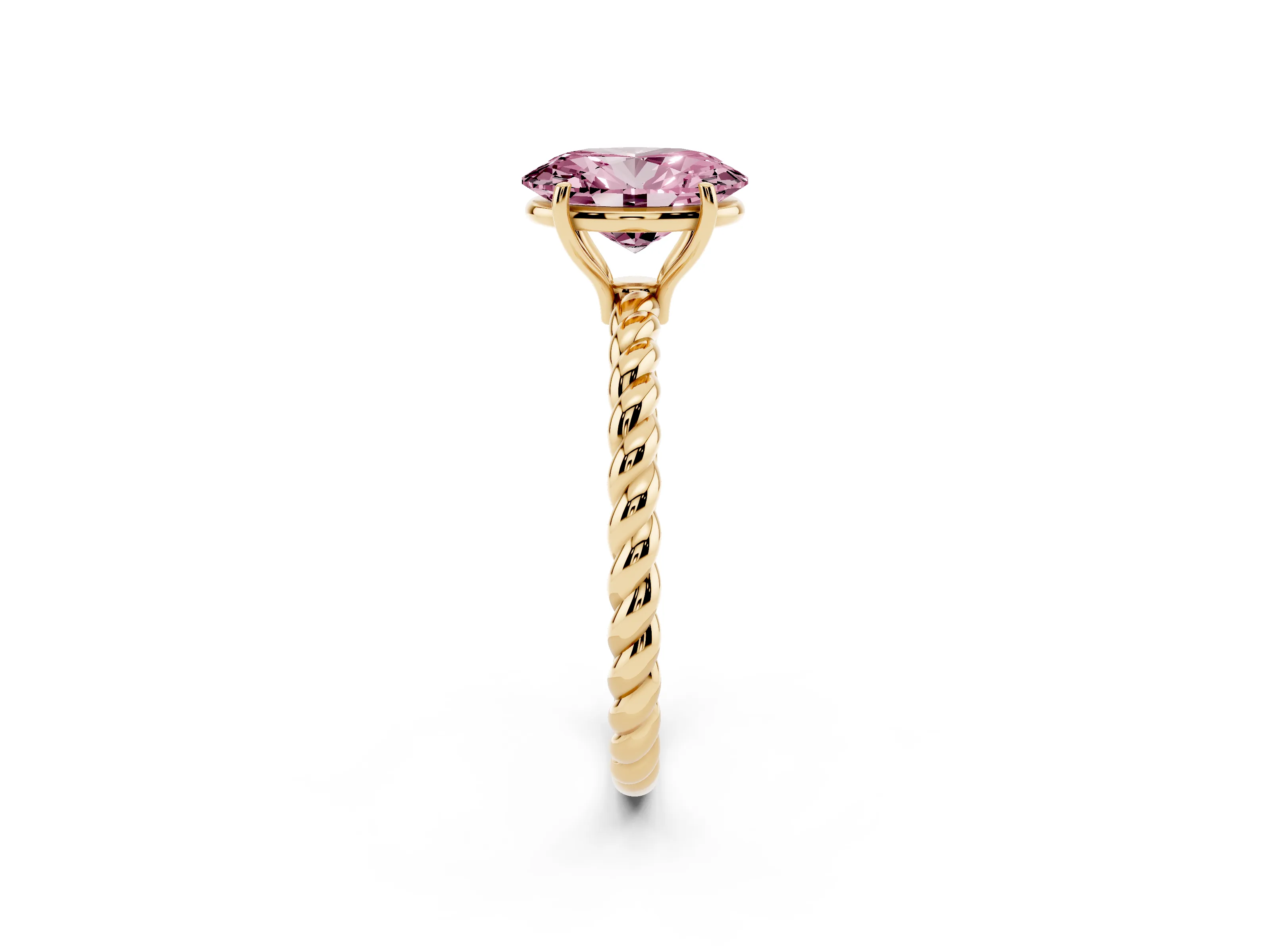 Fancy Pink Oval Cut Diamond Solitaire Twisted Band Ring Set in Yellow gold with Prong Solitaire Setting