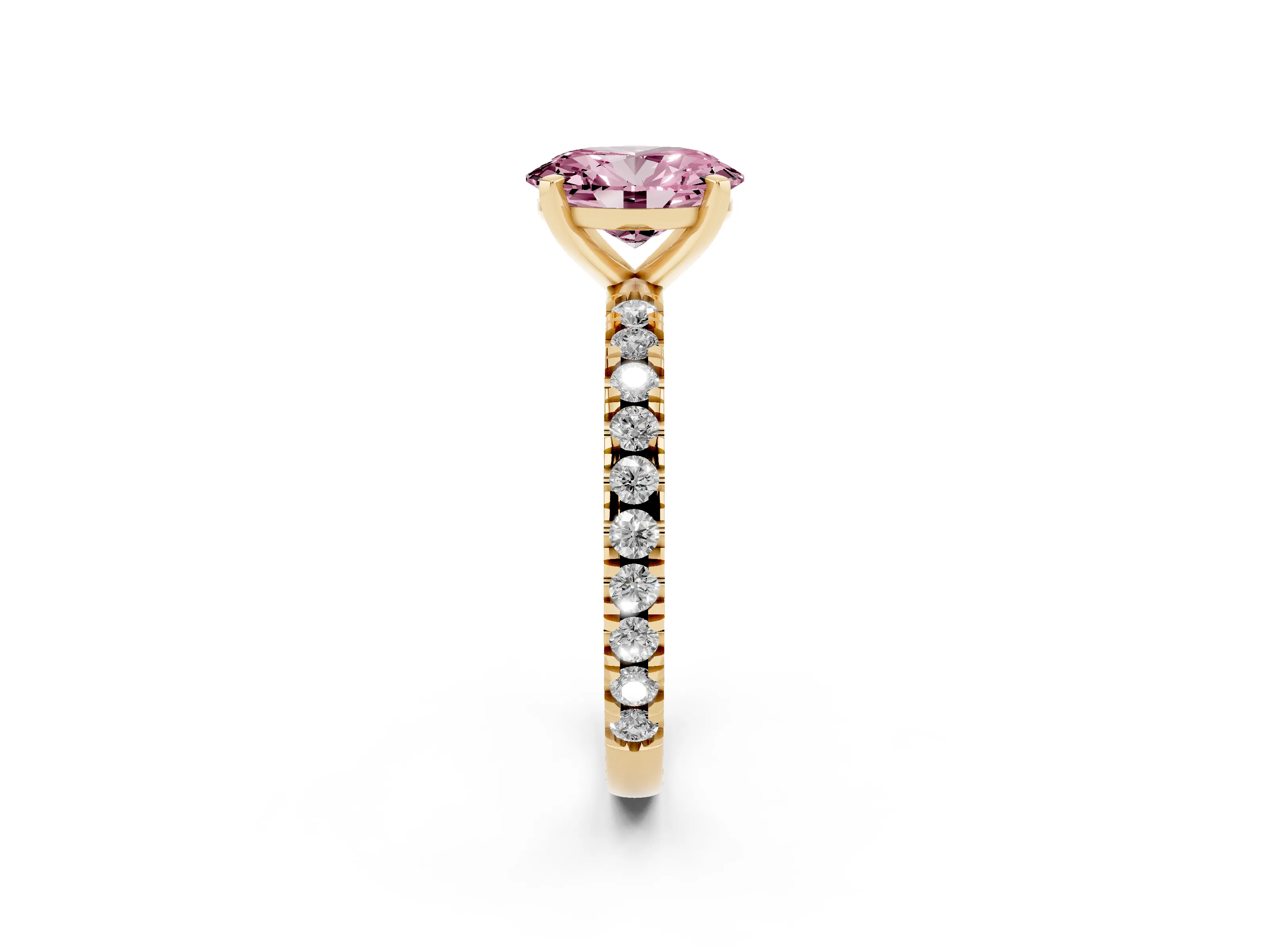 Fancy Pink Oval Cut Diamond Pavé Band Solitaire Set in Yellow gold with Prong Setting