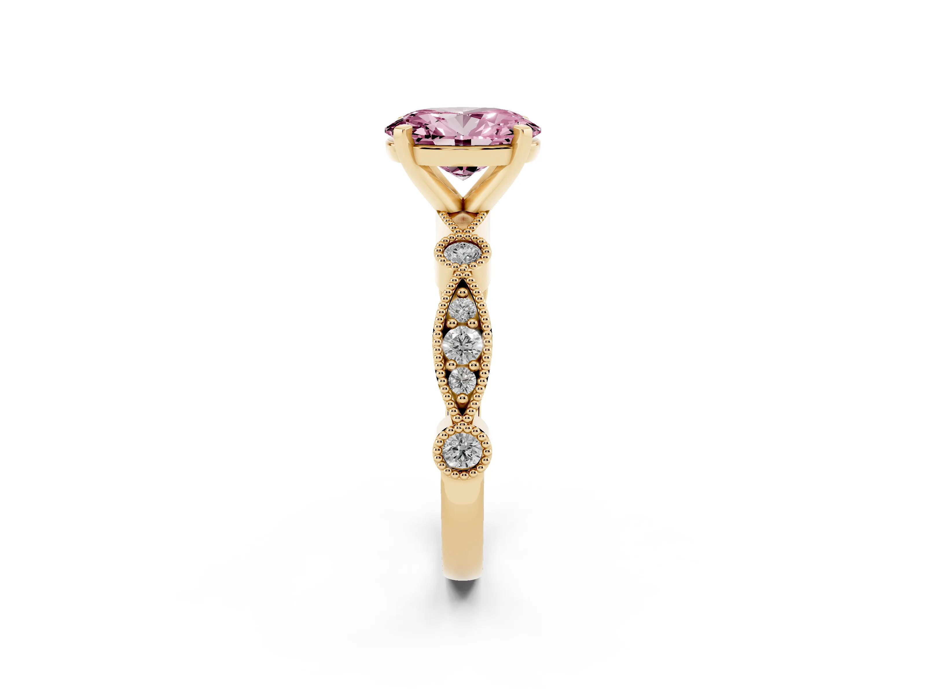 Fancy Pink Oval Cut Diamond Solitaire Engagement Ring Set in Yellow gold with Milgrain Bezel Accent Band