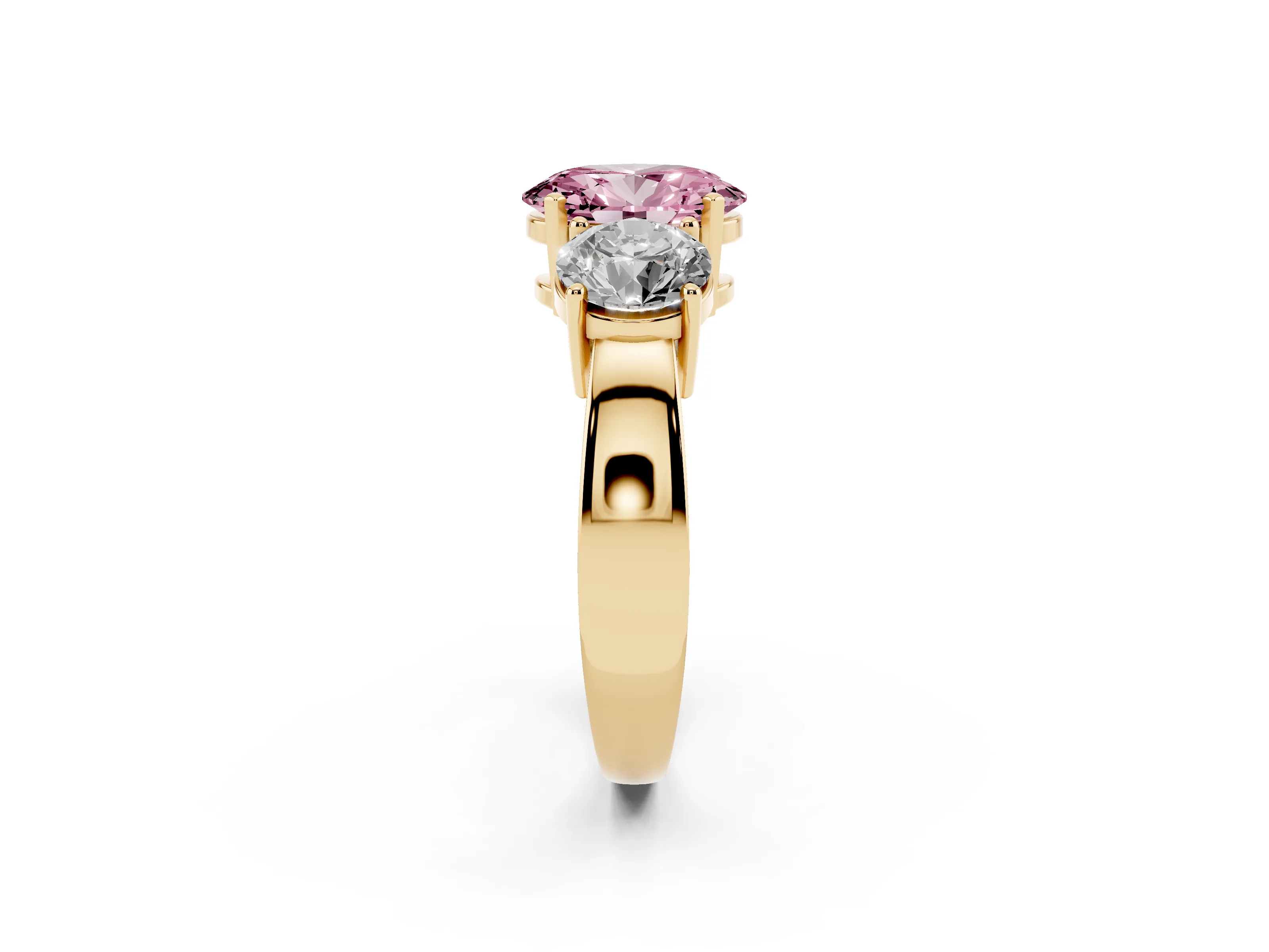 Fancy Pink Oval Cut Diamond Three-Stone Ring Set in Yellow gold with Round Side Stones and Classic Band