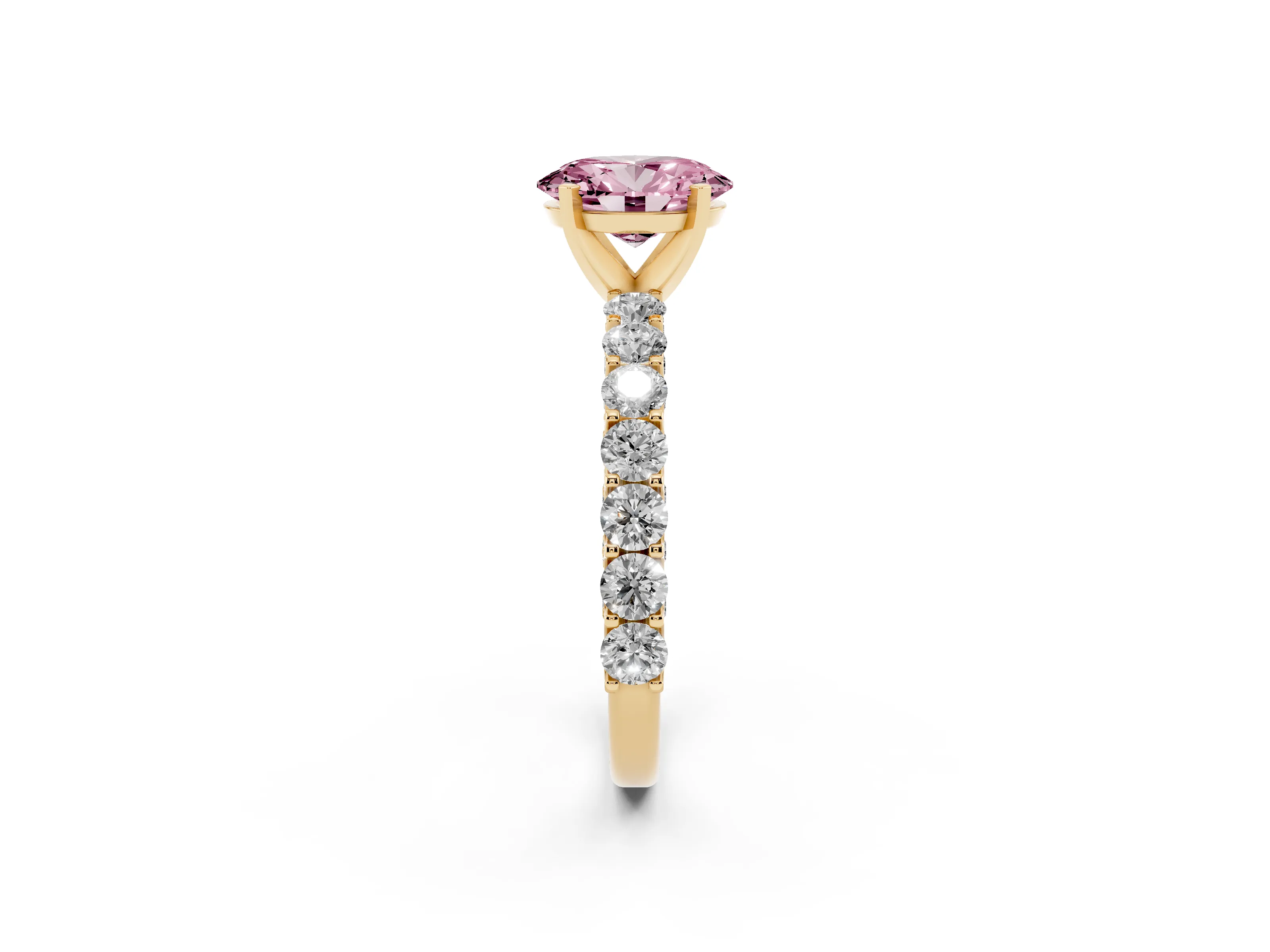 Fancy Pink Oval Cut Diamond Solitaire Ring Set in Yellow gold with Shared Prong Pavé Band
