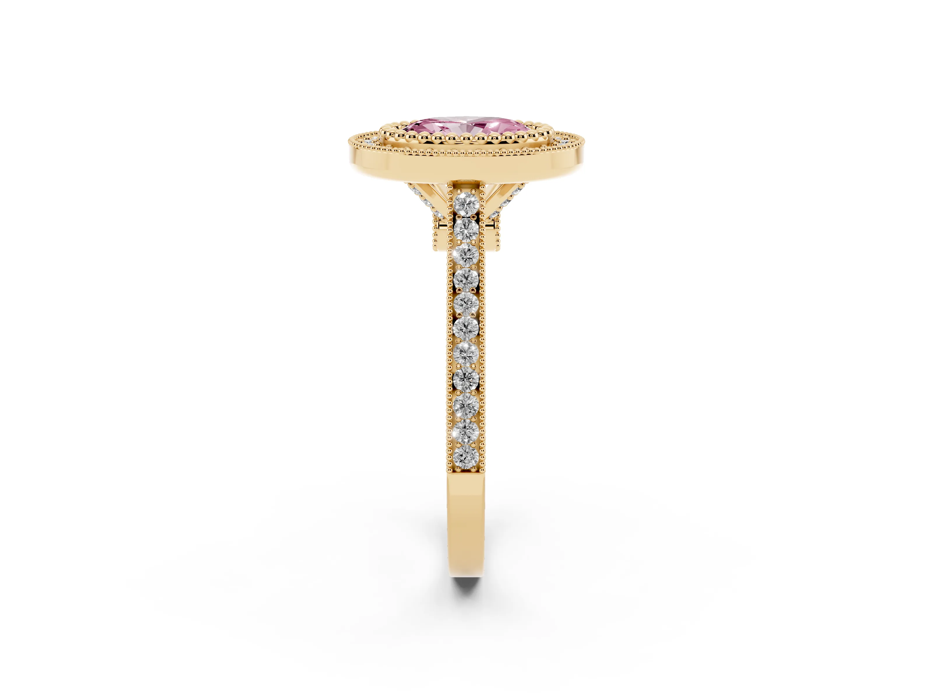 Fancy Pink Oval Cut Diamond Halo Ring Set in Yellow gold with Milgrain Frame and Pavé Band