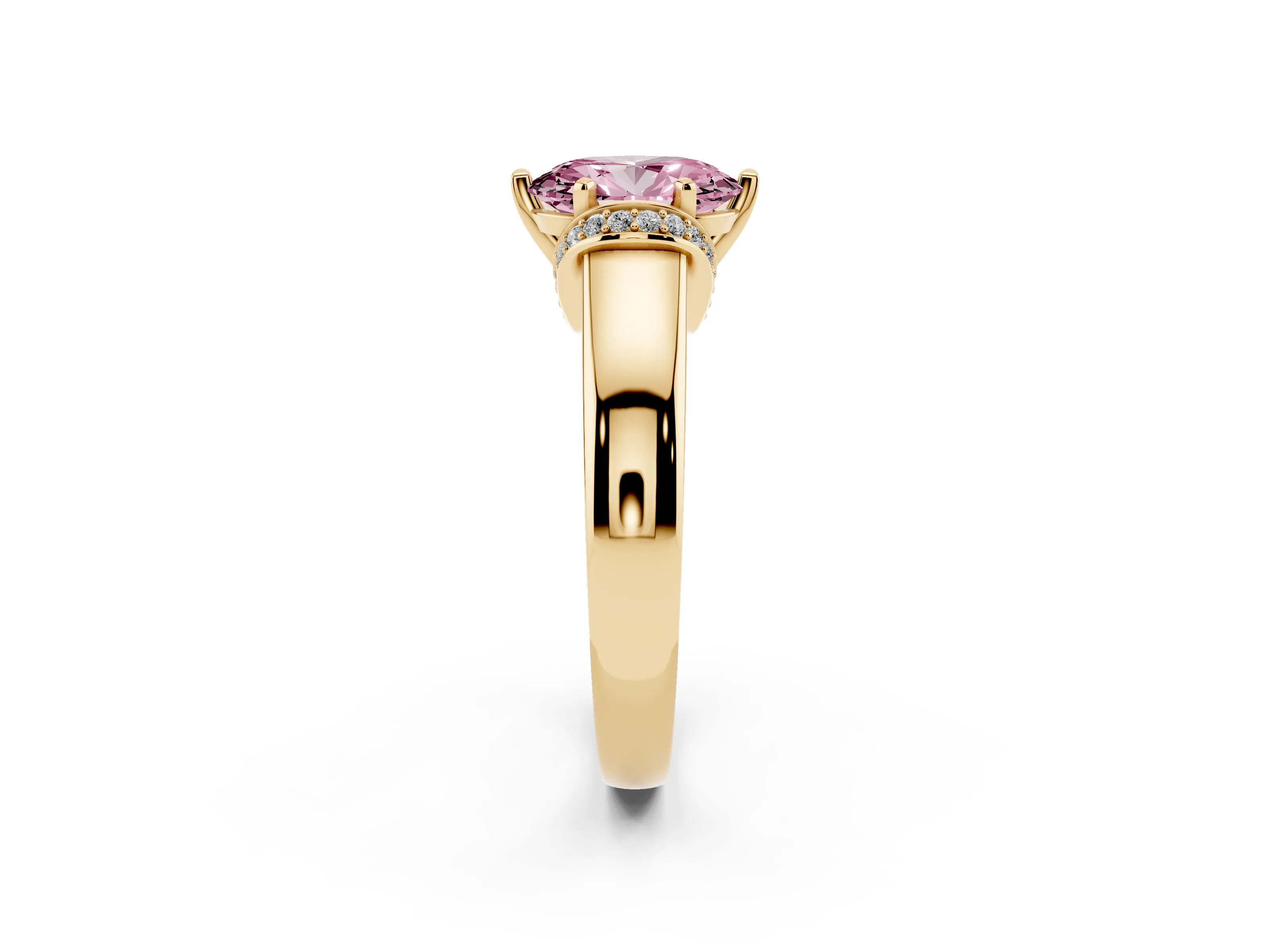 Fancy Pink Oval Cut Diamond Pavé Band Solitaire Ring Set in Yellow gold with Prong Setting