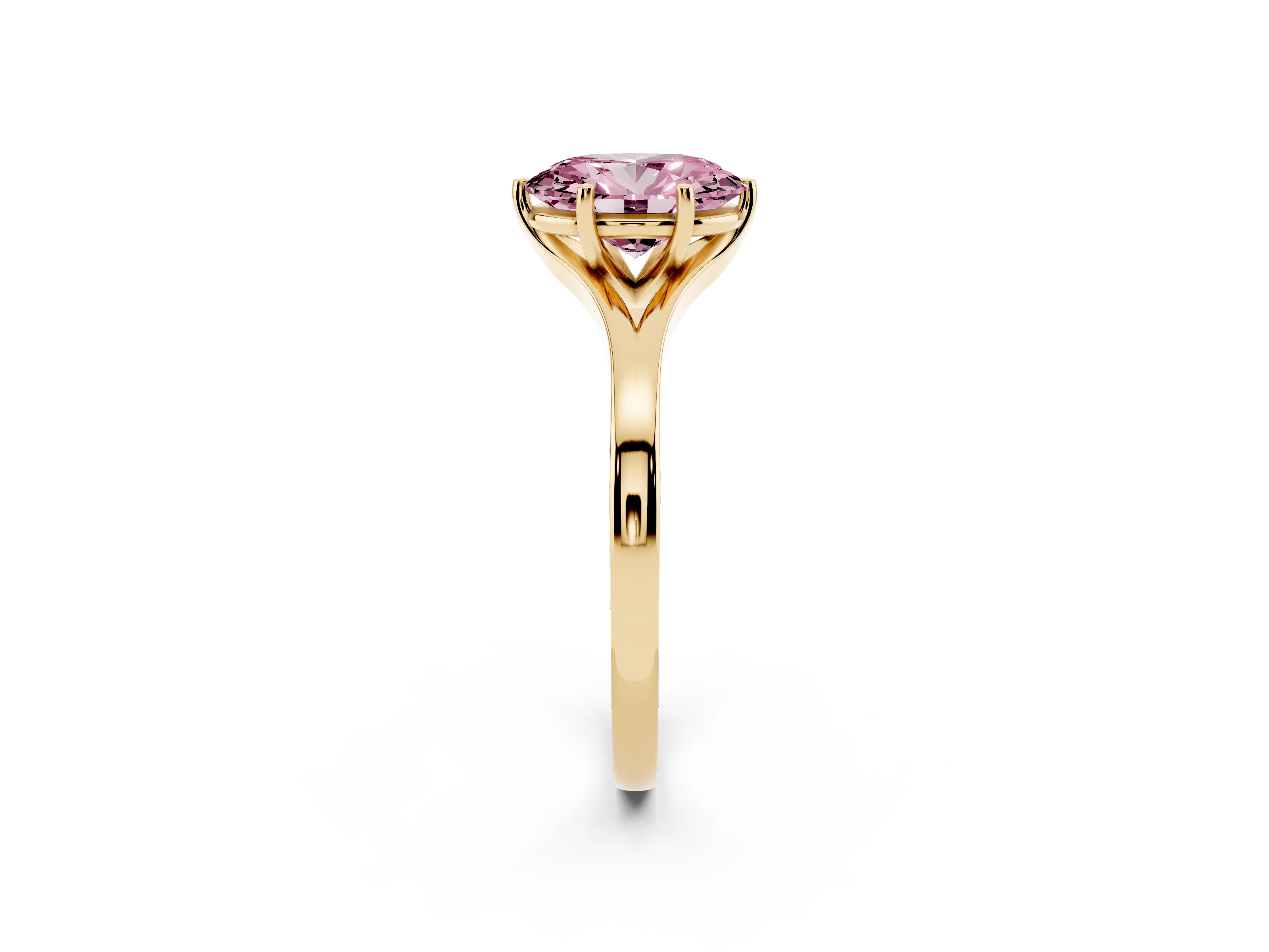 Fancy Pink Oval Cut Diamond Solitaire Ring Set in Yellow gold with Polished Tapered Band and Prong Setting
