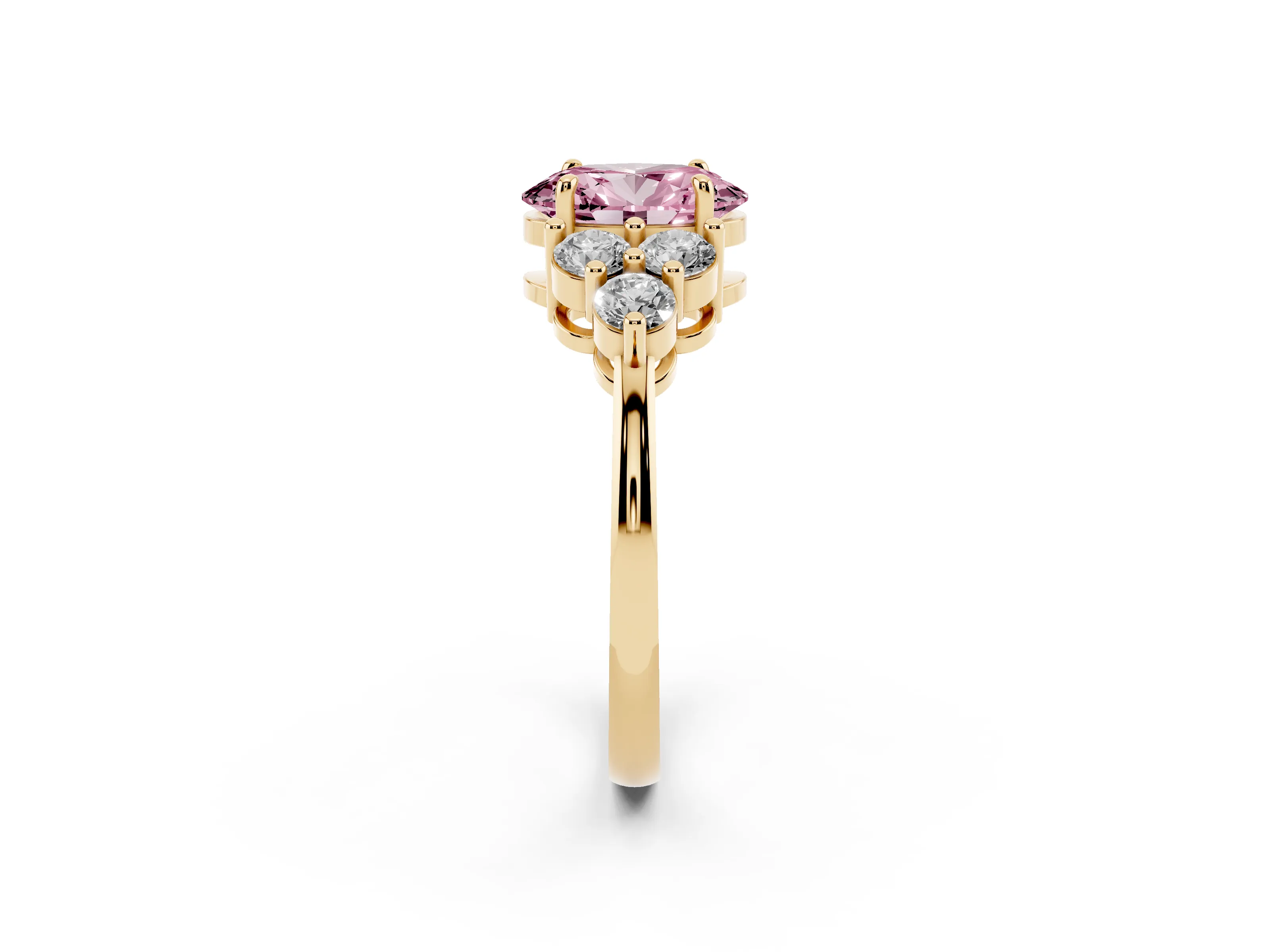 Fancy Pink Oval Cut Diamond Solitaire Ring Set in Yellow gold with Cluster Accents on Each Side