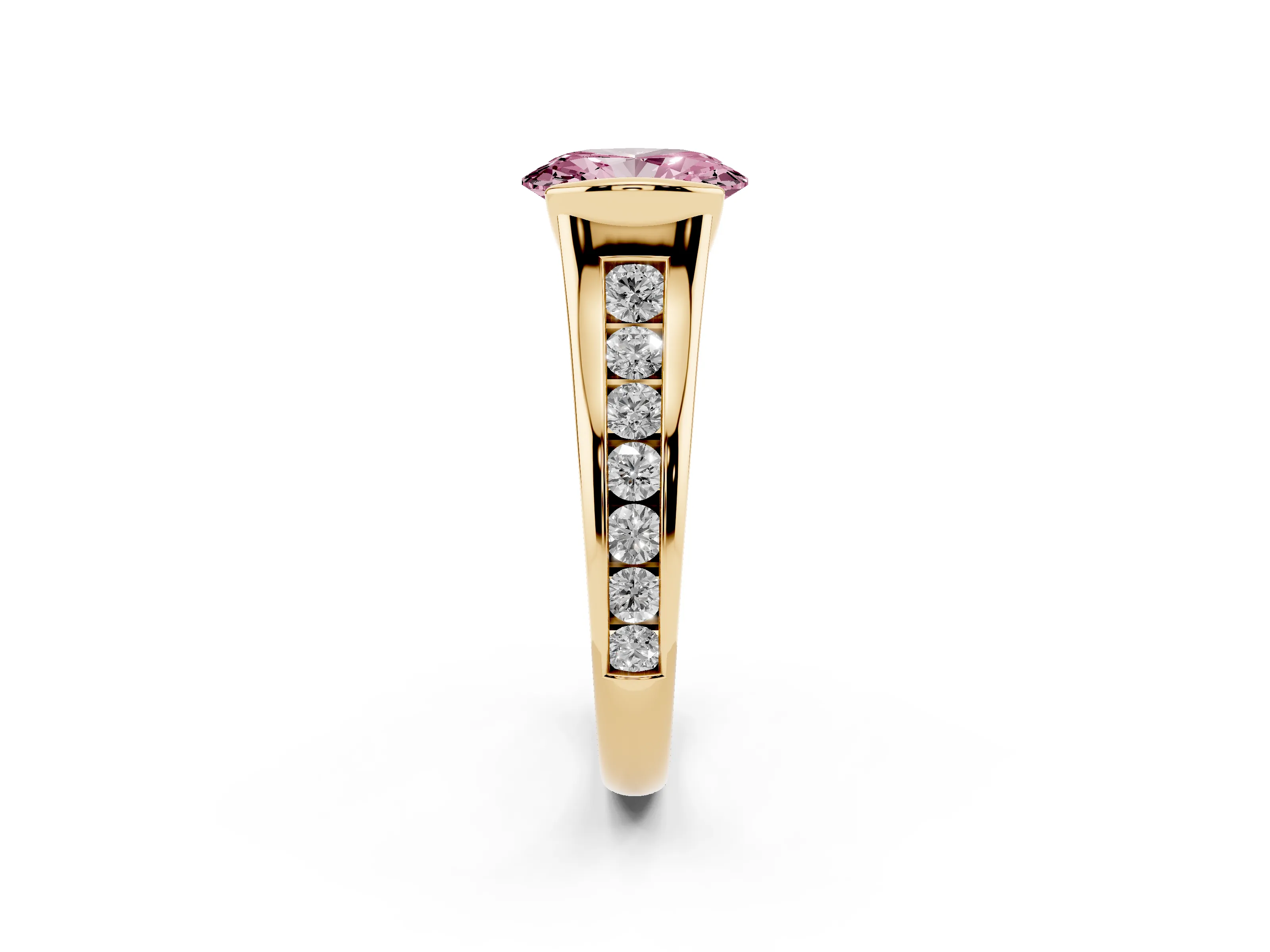 Fancy Pink Oval Cut Diamond Bezel-Set Solitaire Ring Set in Yellow gold with Channel-Set Band