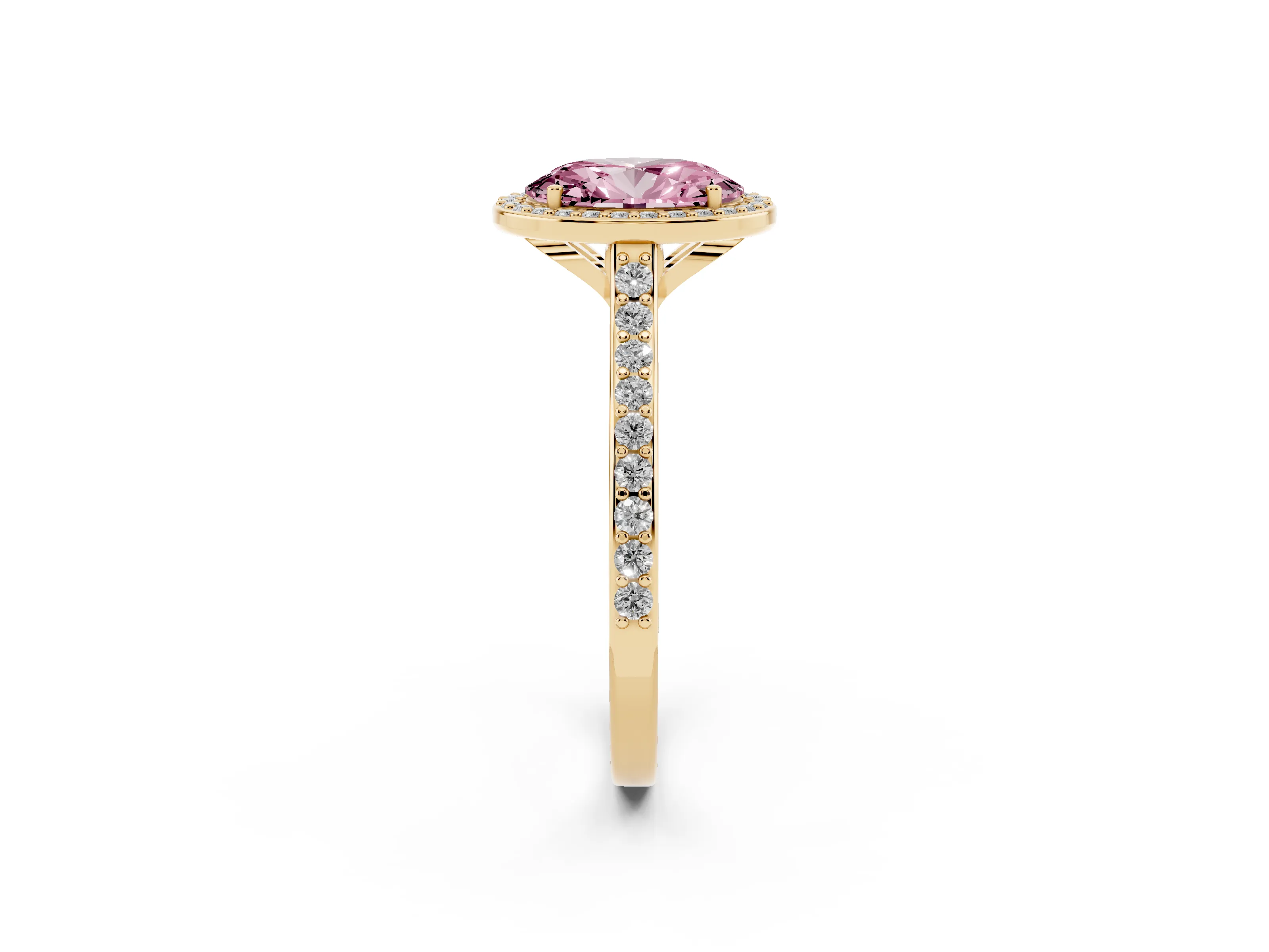 Fancy Pink Oval Cut Diamond Halo Engagement Ring Set in Yellow gold with Round Pavé Shoulders and Heart Gallery