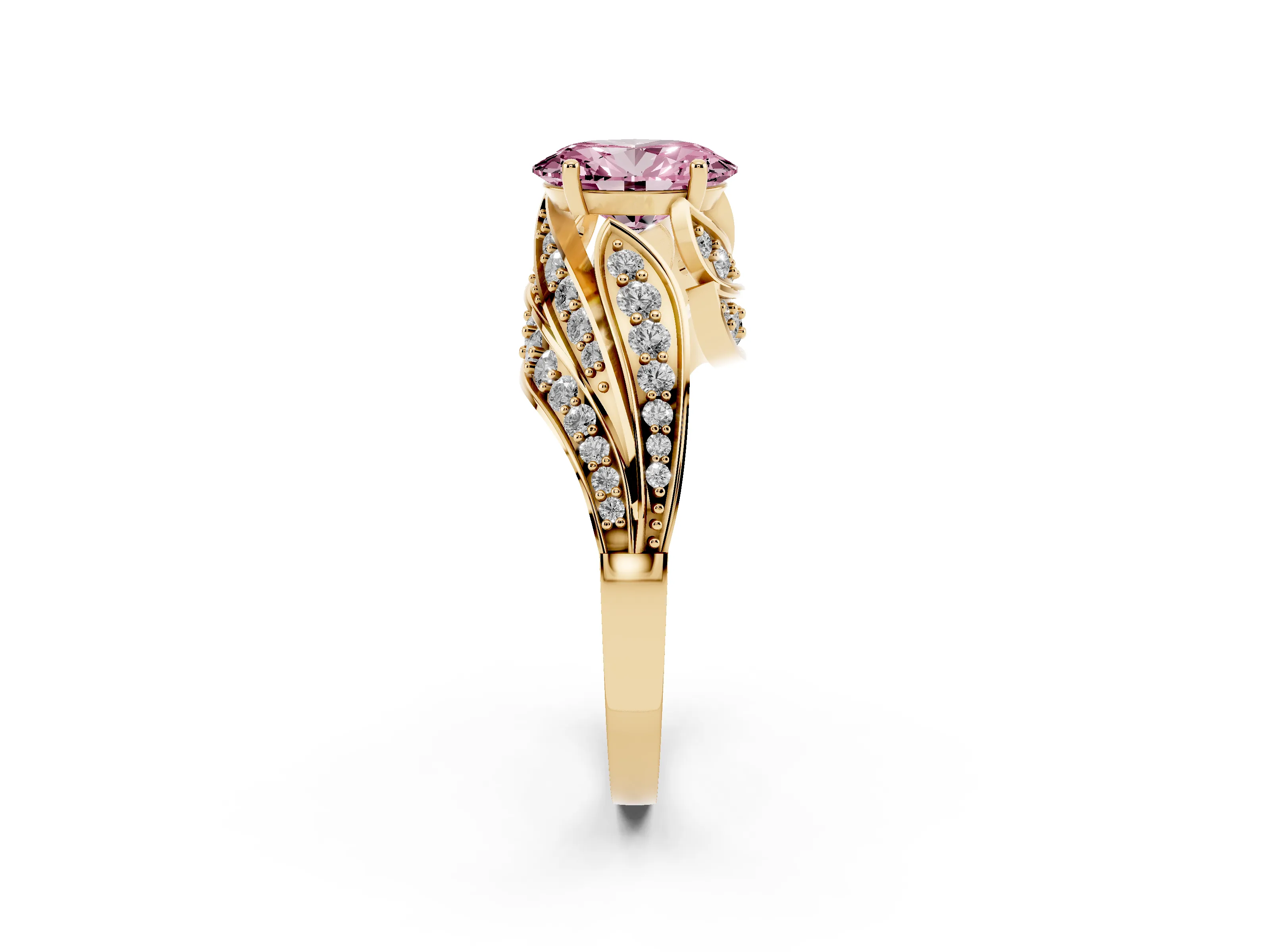 Fancy Pink Oval Cut Diamond Solitaire Ring Set in Yellow gold with Layered Twist Pavé Band