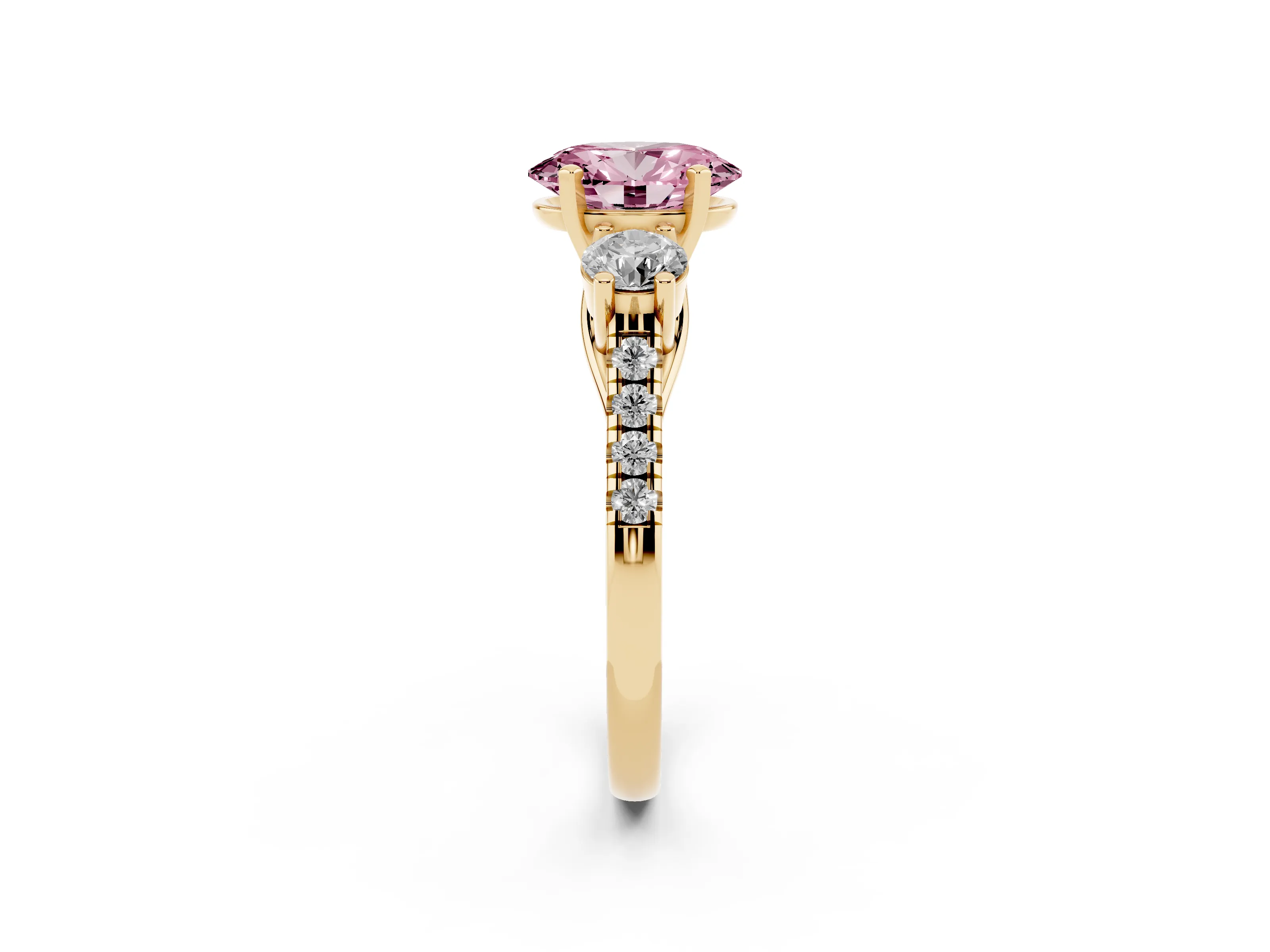 Fancy Pink Three-Stone Oval Cut Diamond Pavé Band Ring Set in Yellow gold with Prong-Set Trio