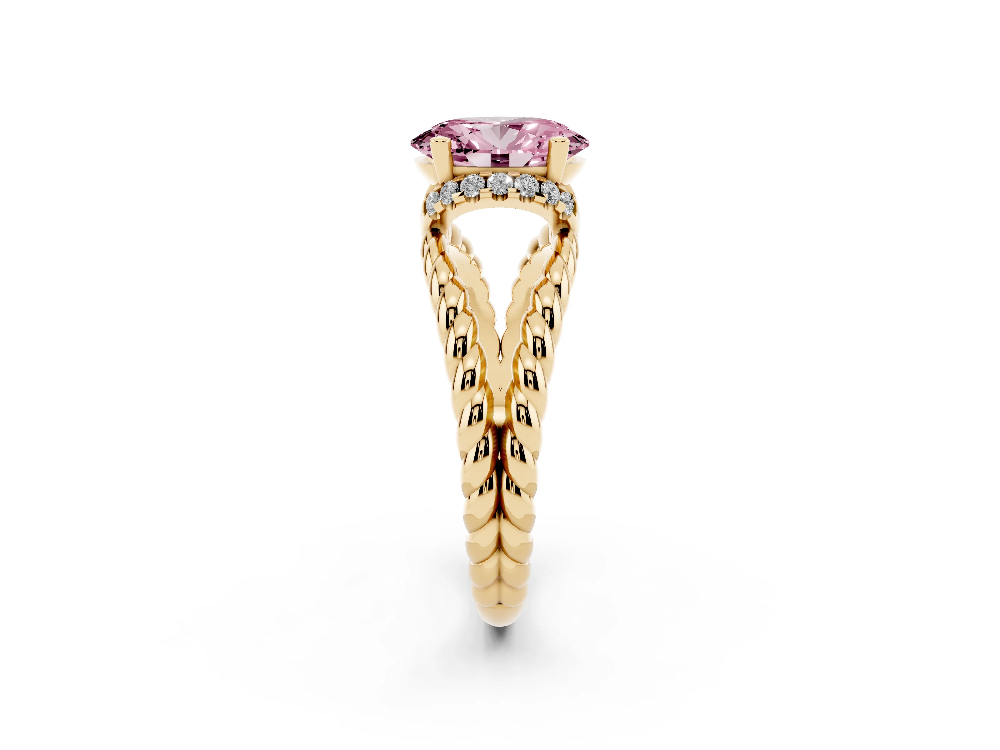 Fancy Pink Oval Cut Diamond Halo Ring Set in Yellow gold with Twisted Band and Prong Setting