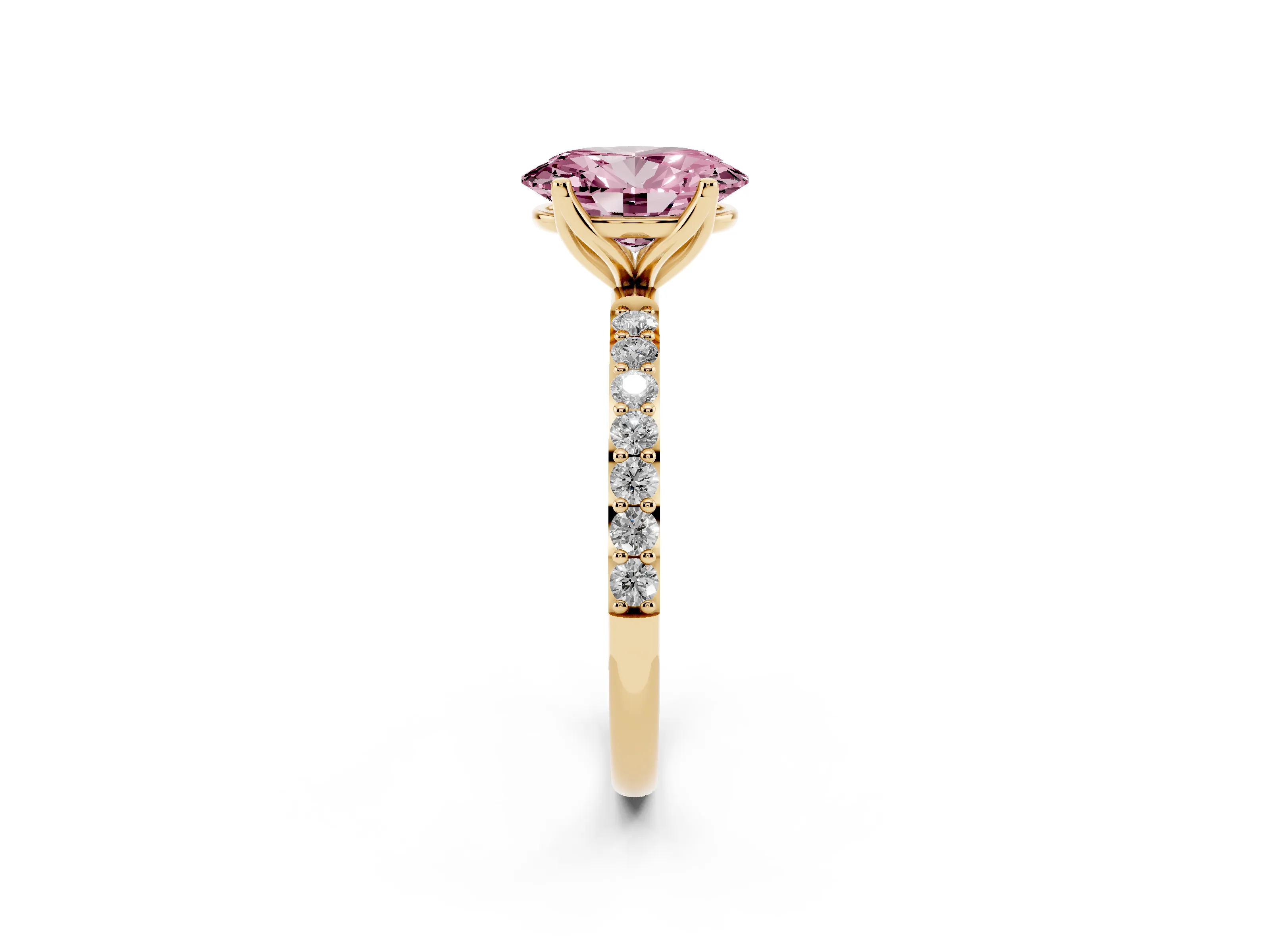 Fancy Pink Oval Cut Diamond Solitaire Engagement Ring Set in Yellow gold with Round Pavé Band and Prong Setting