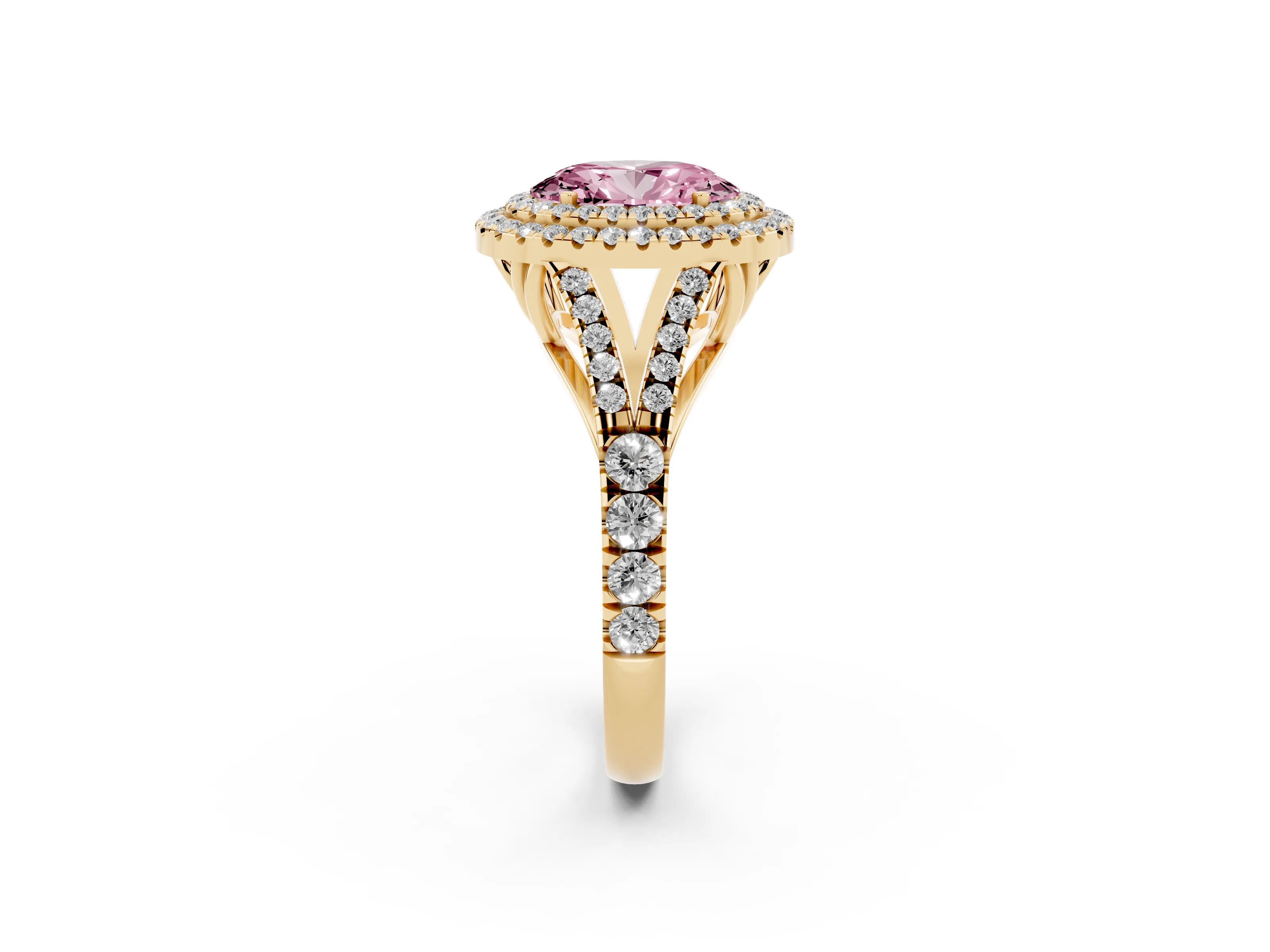 Fancy Pink Oval Cut Diamond Pavé Split Shank Double Halo Engagement Ring Set in Yellow gold