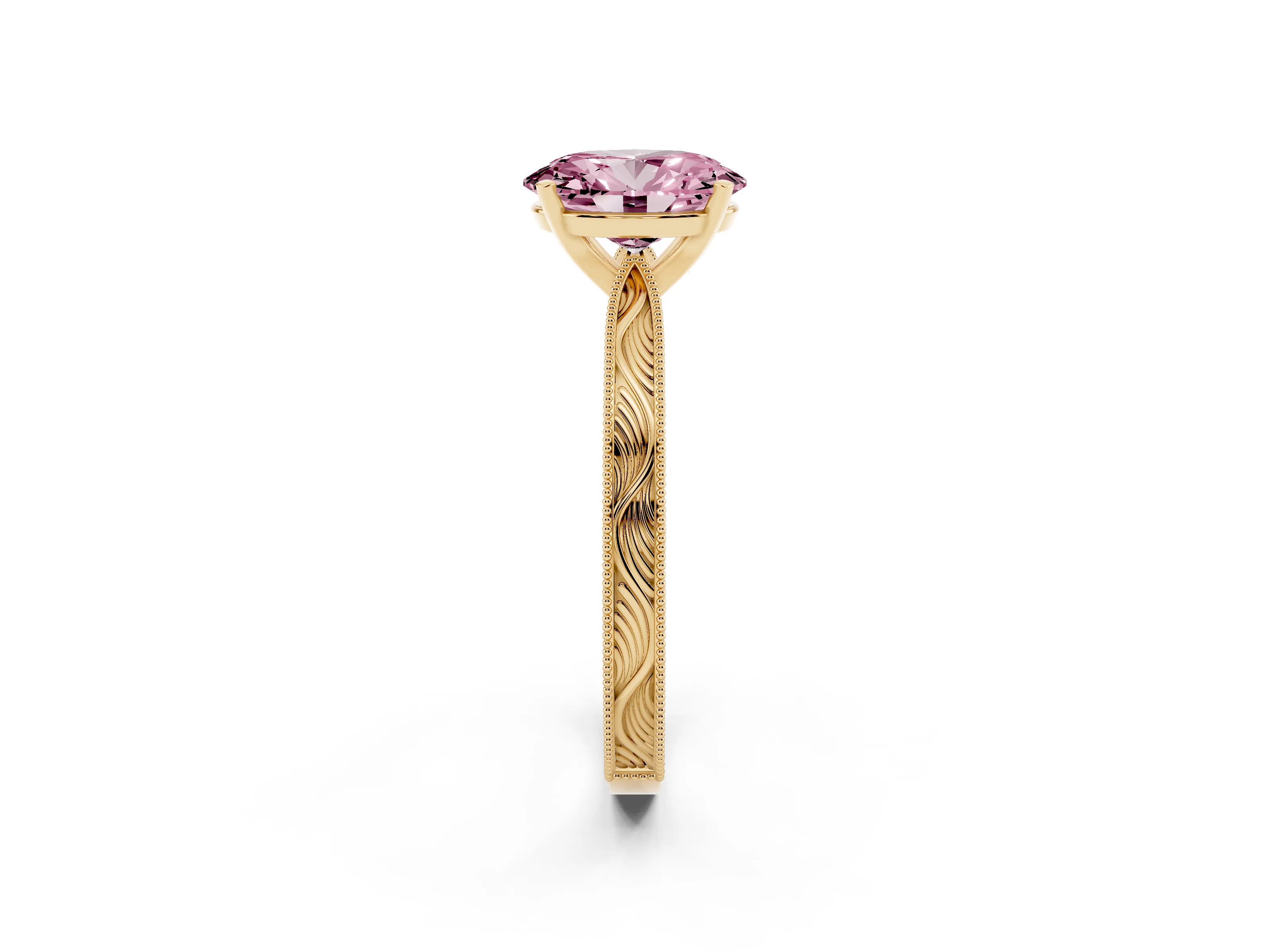Fancy Pink Oval Cut Diamond Solitaire Milgrain Engraved Band Set in Yellow gold with Prong Setting