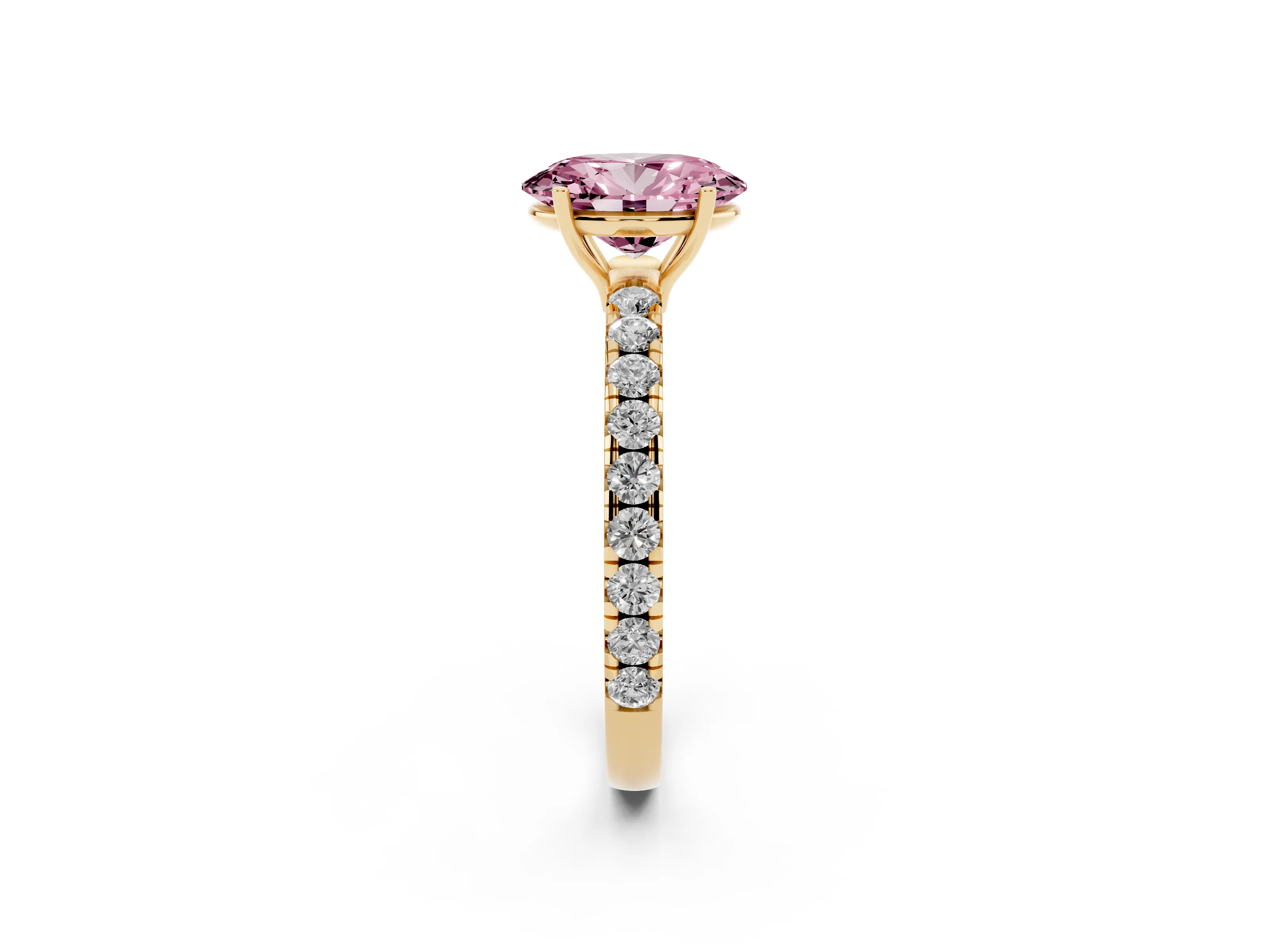 Fancy Pink Oval Cut Diamond Pavé Solitaire Engagement Ring Set in Yellow gold with Prong Setting