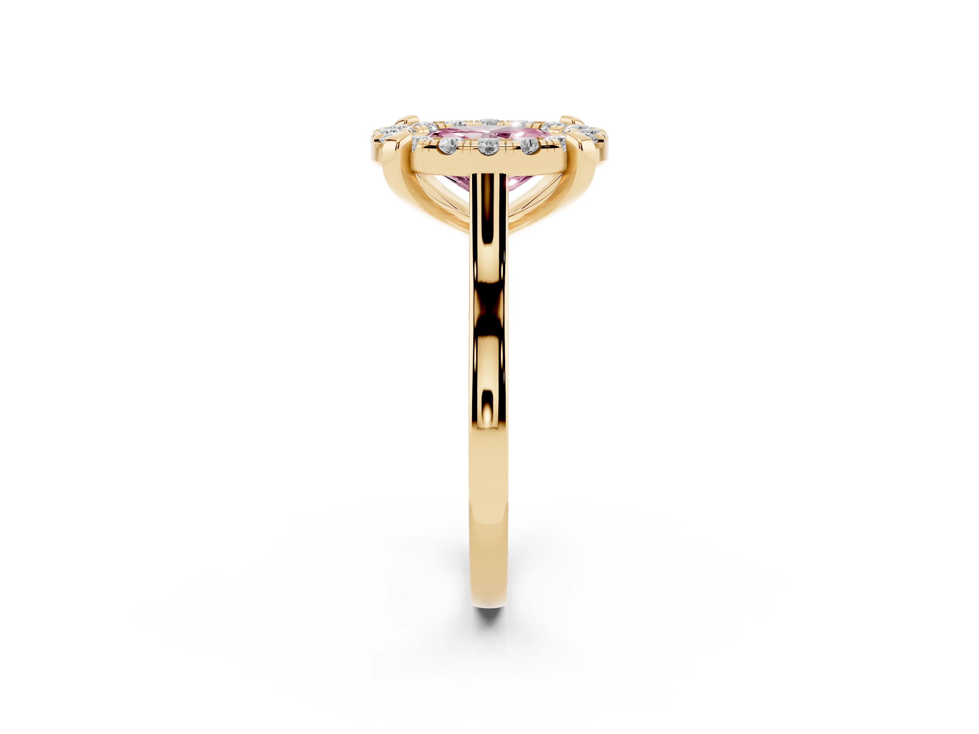 Fancy Pink Oval Cut Diamond Cluster Halo Solitaire Ring Set in Yellow gold with Prong Setting