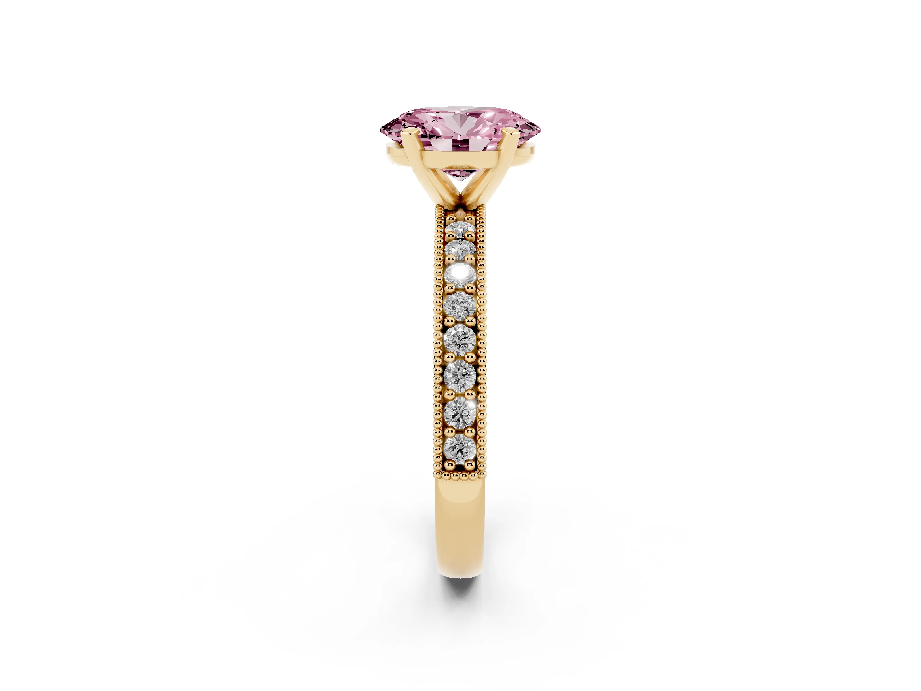 Fancy Pink Oval Cut Diamond Milgrain Pavé Engagement Ring Set in Yellow gold with Prong Setting