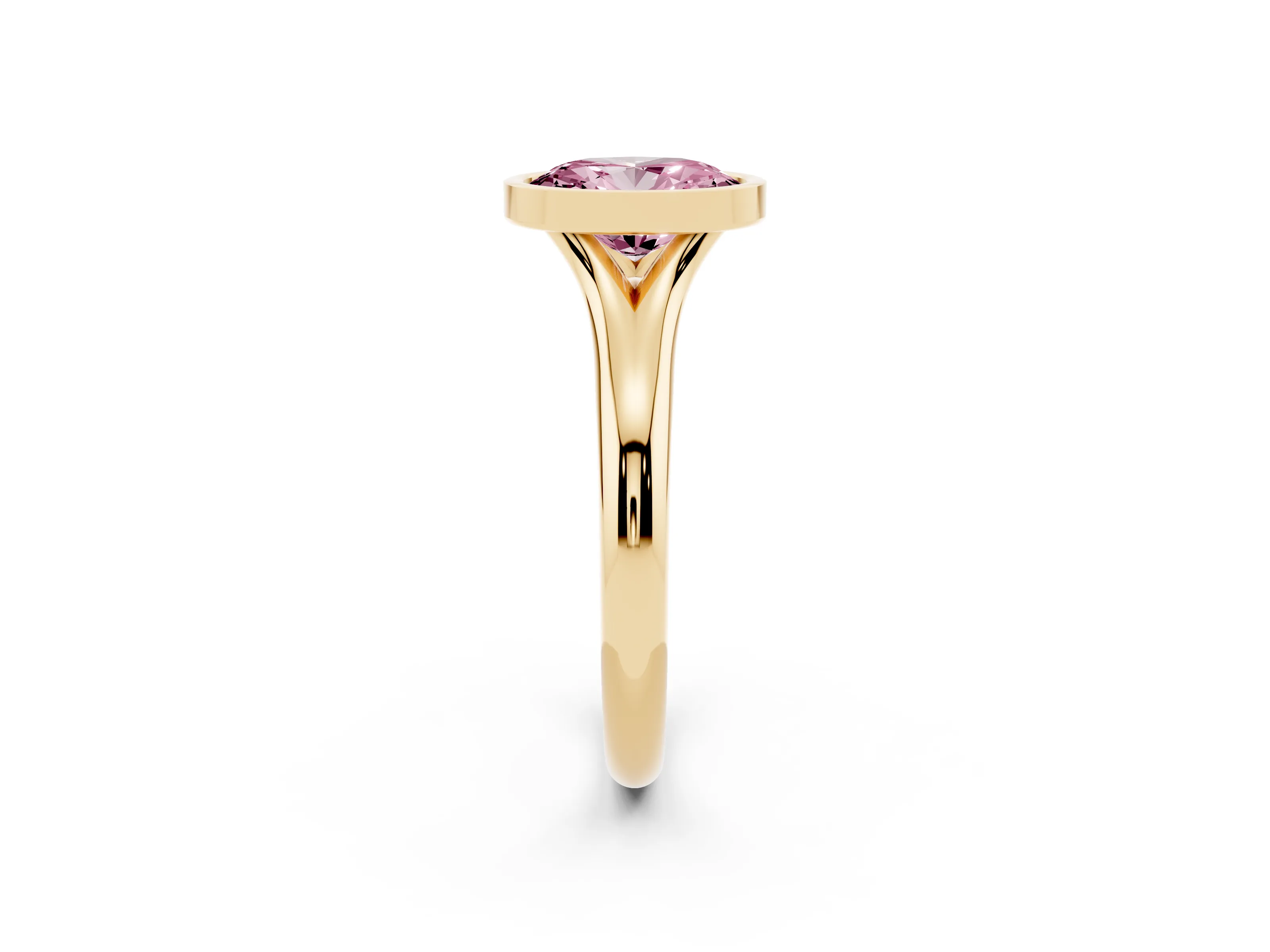 Fancy Pink Bezel Set Oval Cut Diamond Solitaire Ring Set in Yellow gold with Smooth Band
