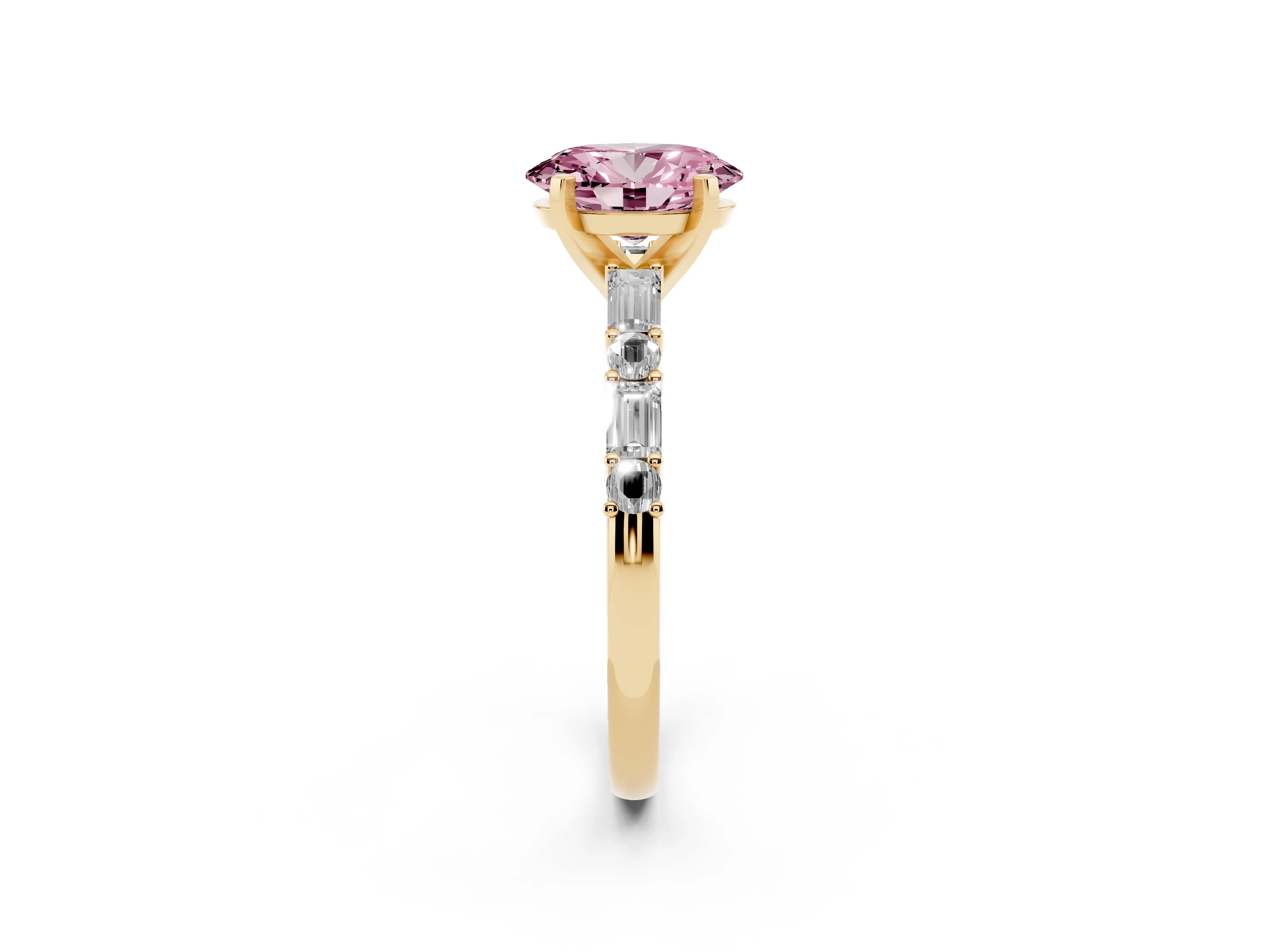 Fancy Pink Oval Cut Diamond Solitaire Set in Yellow gold with Side Baguettes and Channel Set Band