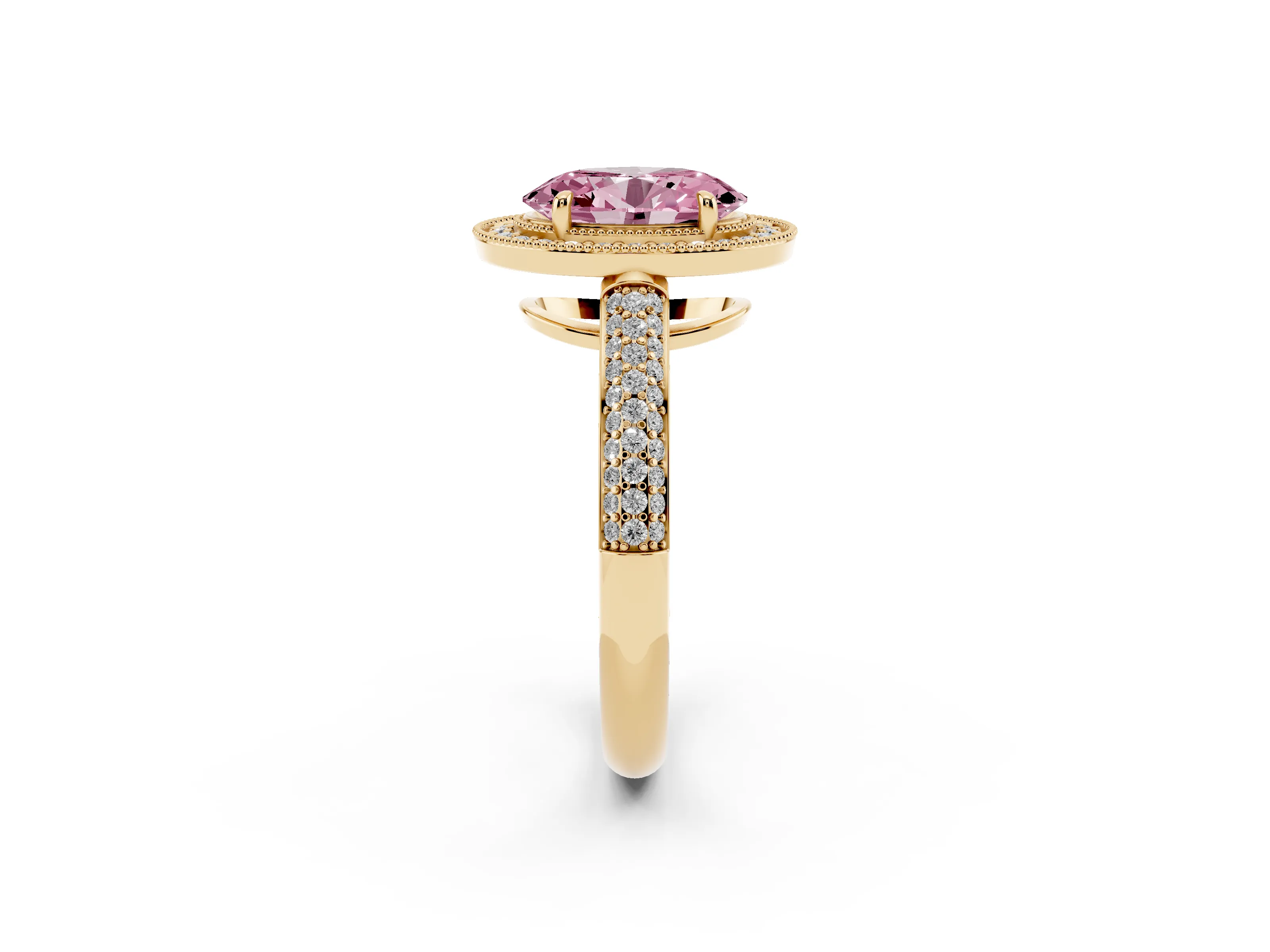 Fancy Pink Oval Cut Diamond Halo Pavé Band Set in Yellow gold with Prong Setting