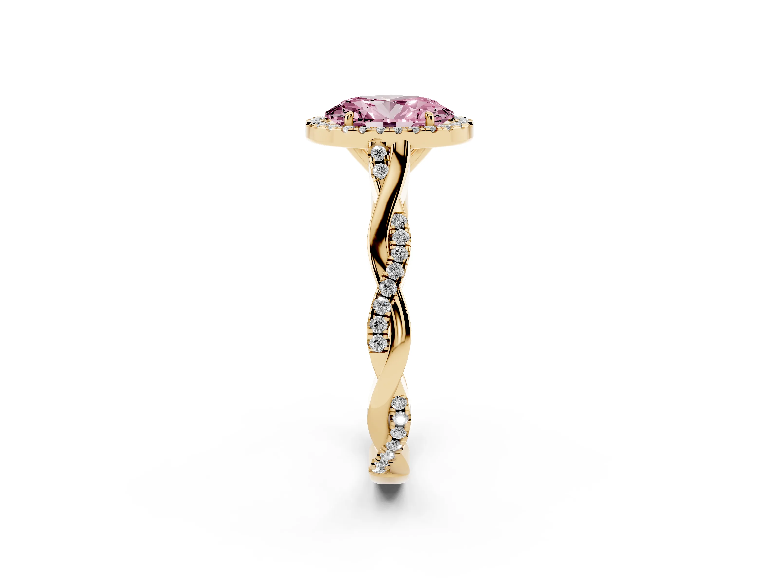 Fancy Pink Oval Cut Diamond Halo Twist Band Solitaire Ring Set in Yellow gold with Prong Setting