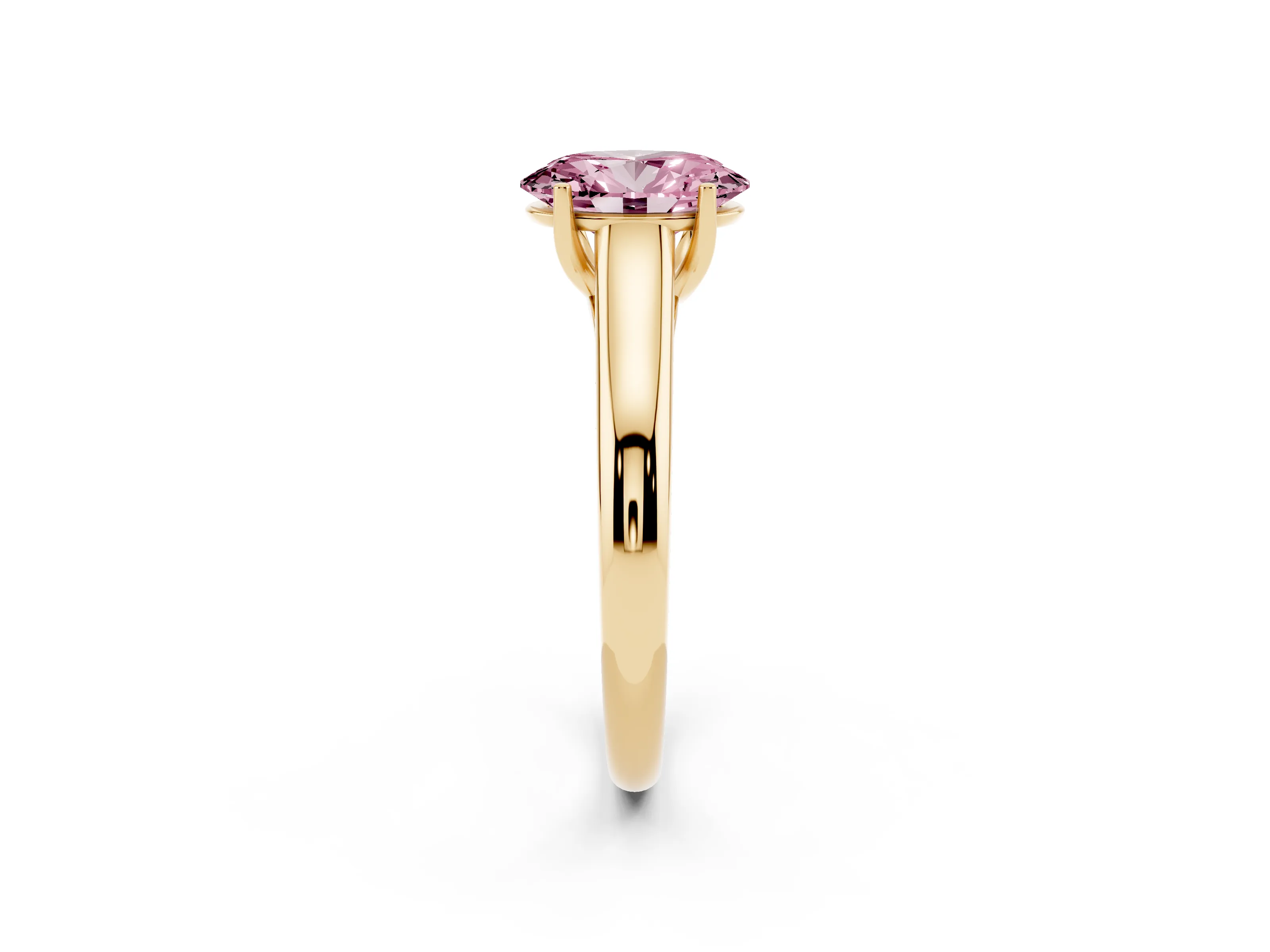 Fancy Pink Oval Cut Diamond Solitaire Engagement Ring Set in Yellow gold with Subtly Tapered Band and Prong Setting