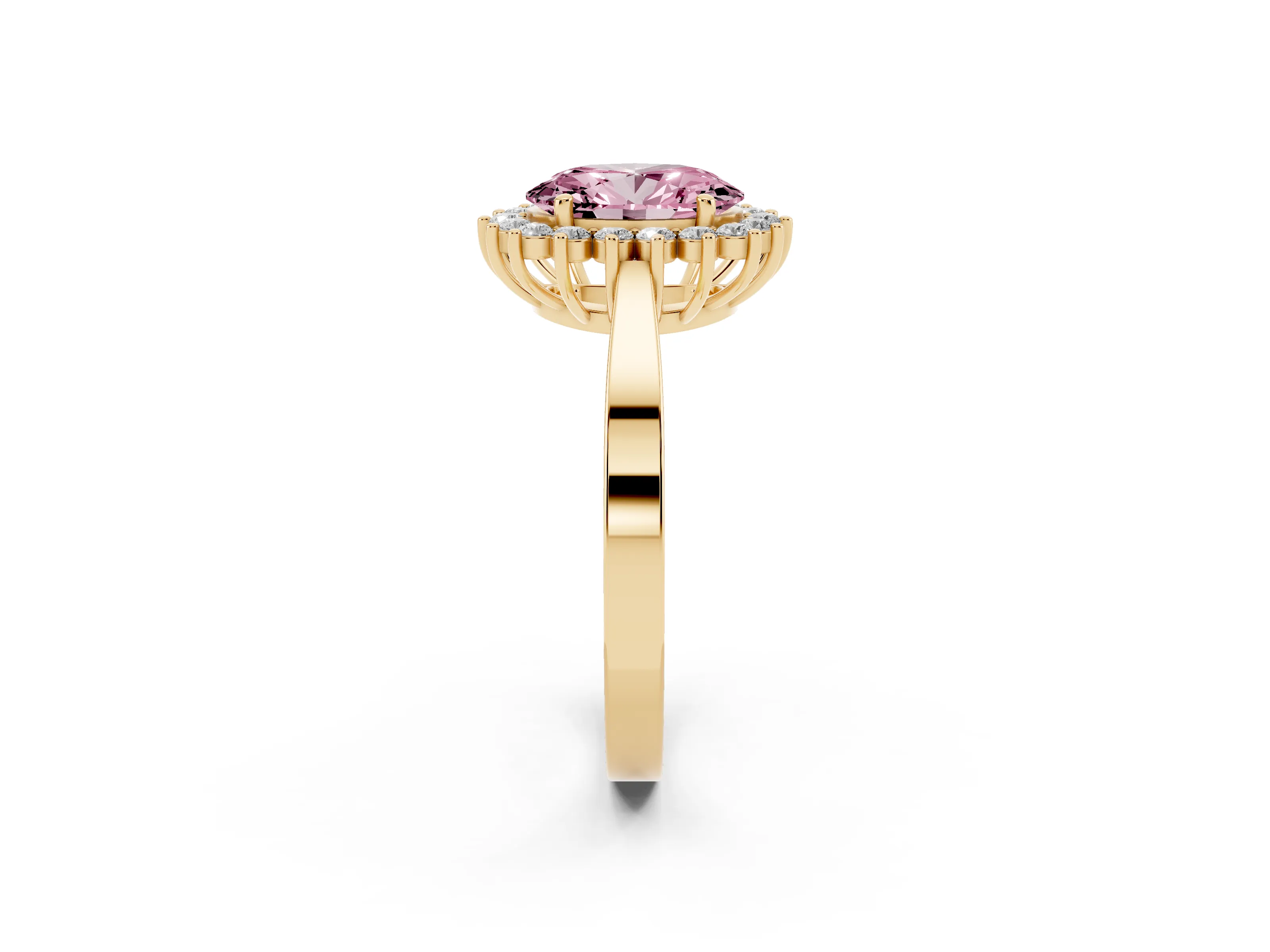 Fancy Pink Oval Cut Diamond Halo Ring Set in Yellow gold with Round Halo and Smooth Solitaire Band